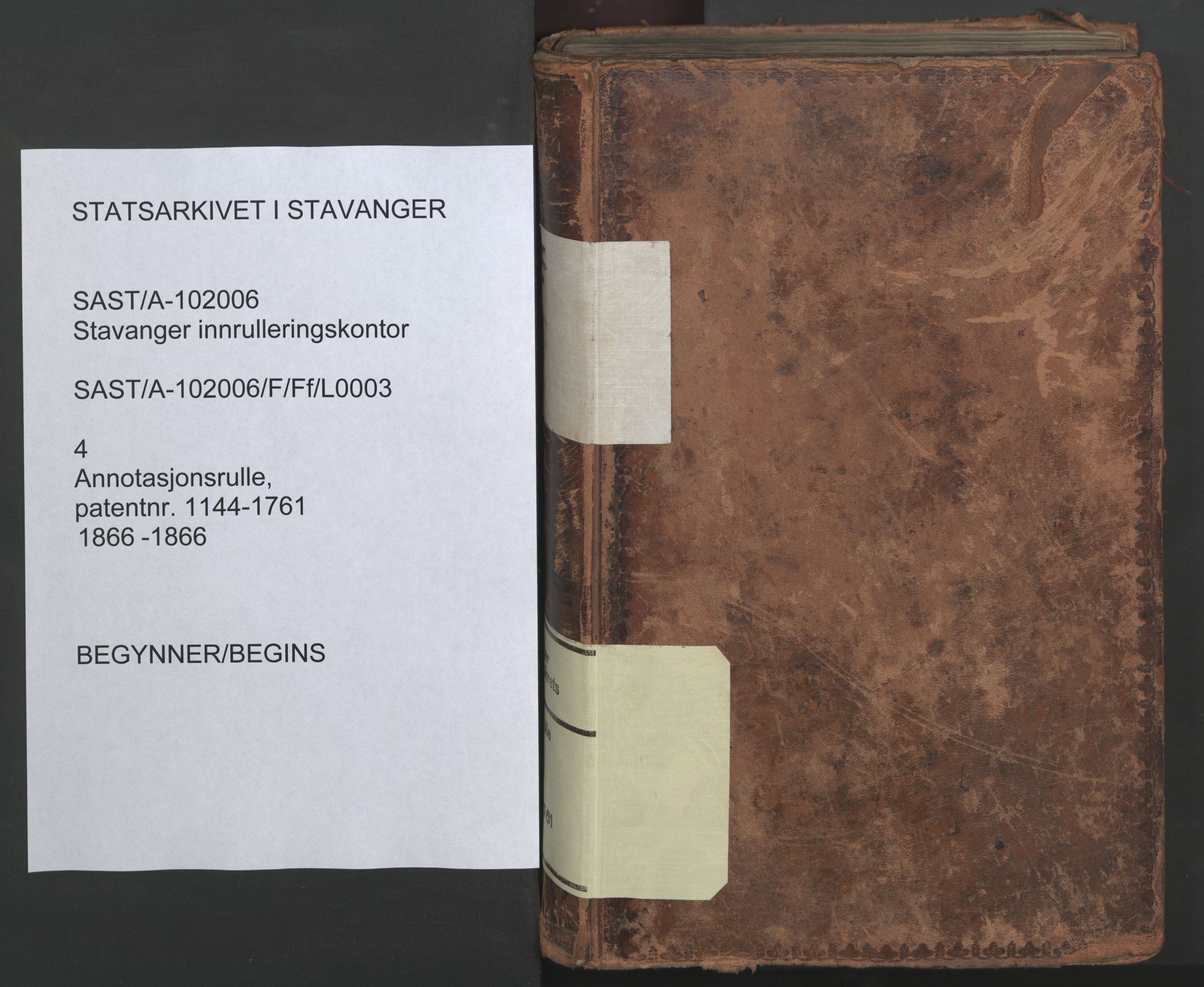 Stavanger sjømannskontor, AV/SAST-A-102006/F/Ff/L0003: Annotasjonsrulle, patentnr. 1144-1761, 1866, p. 1