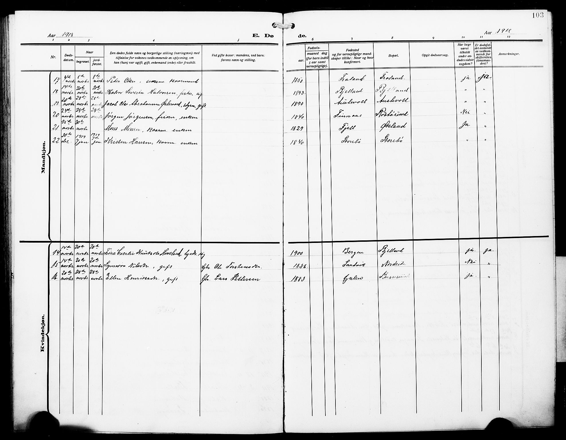 Austevoll sokneprestembete, AV/SAB-A-74201/H/Ha/Hab/Haba/L0005: Parish register (copy) no. A 5, 1913-1925, p. 103