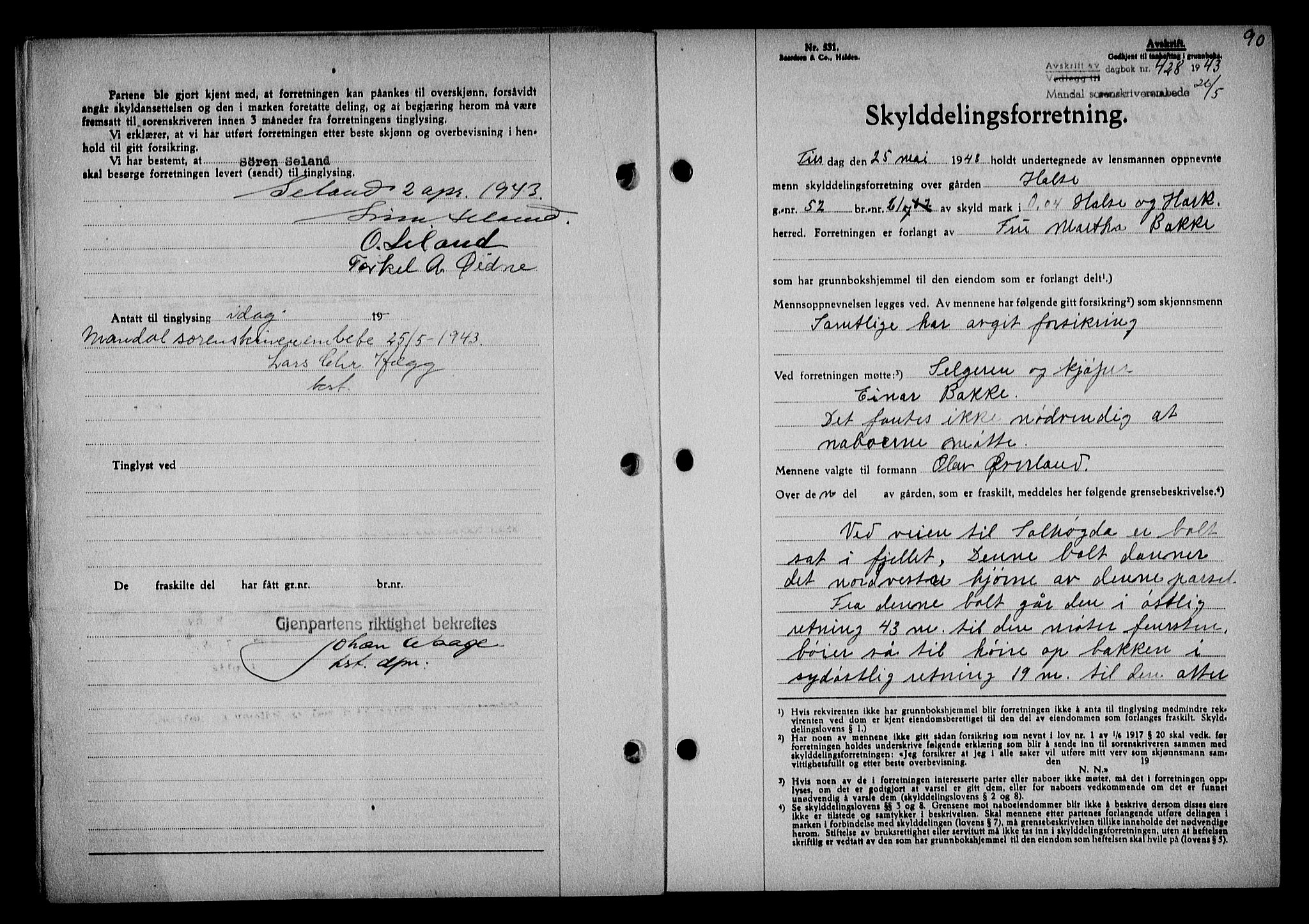 Mandal sorenskriveri, SAK/1221-0005/001/G/Gb/Gba/L0075: Mortgage book no. A-12, 1943-1944, Diary no: : 428/1943