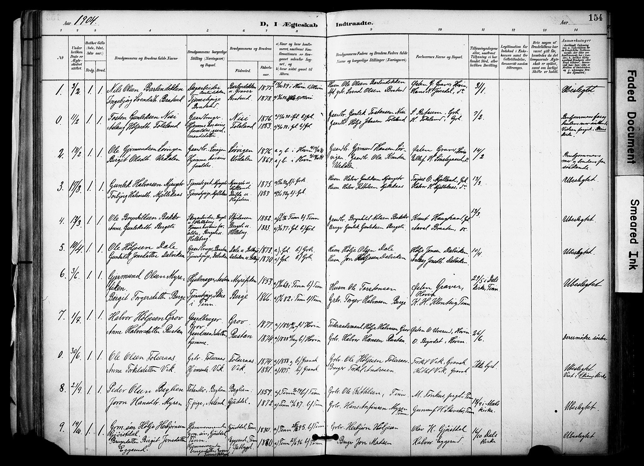 Gransherad kirkebøker, SAKO/A-267/F/Fa/L0005: Parish register (official) no. I 5, 1887-1916, p. 154
