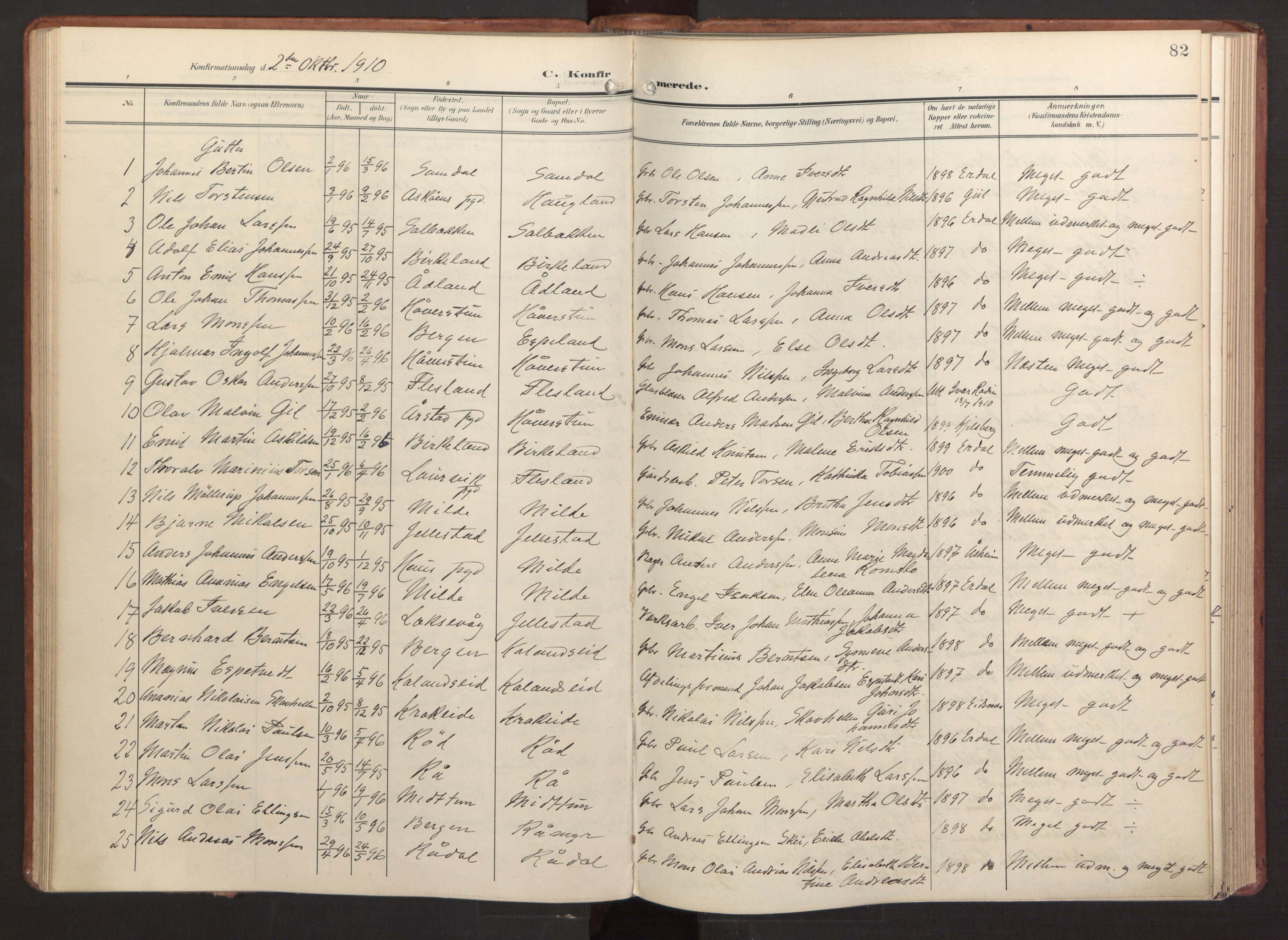 Fana Sokneprestembete, AV/SAB-A-75101/H/Haa/Haab/L0004: Parish register (official) no. B 4, 1908-1915, p. 82