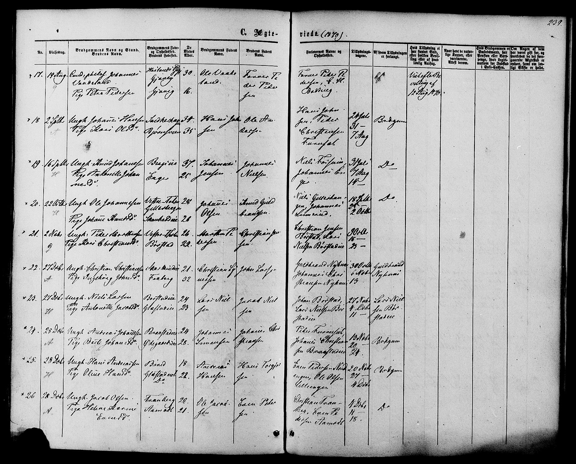 Vardal prestekontor, SAH/PREST-100/H/Ha/Haa/L0007: Parish register (official) no. 7, 1867-1878, p. 239