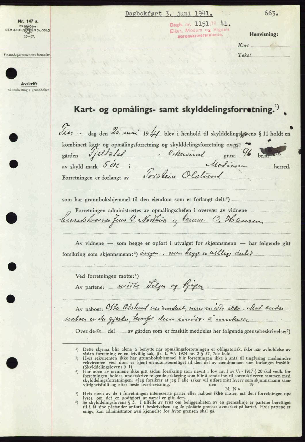 Eiker, Modum og Sigdal sorenskriveri, SAKO/A-123/G/Ga/Gab/L0043: Mortgage book no. A13, 1940-1941, Diary no: : 1151/1941