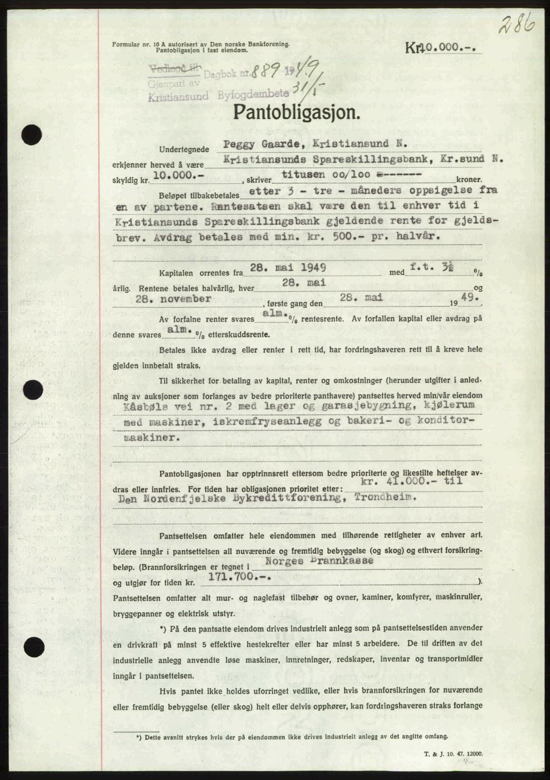 Kristiansund byfogd, AV/SAT-A-4587/A/27: Mortgage book no. 45, 1948-1949, Diary no: : 889/1949