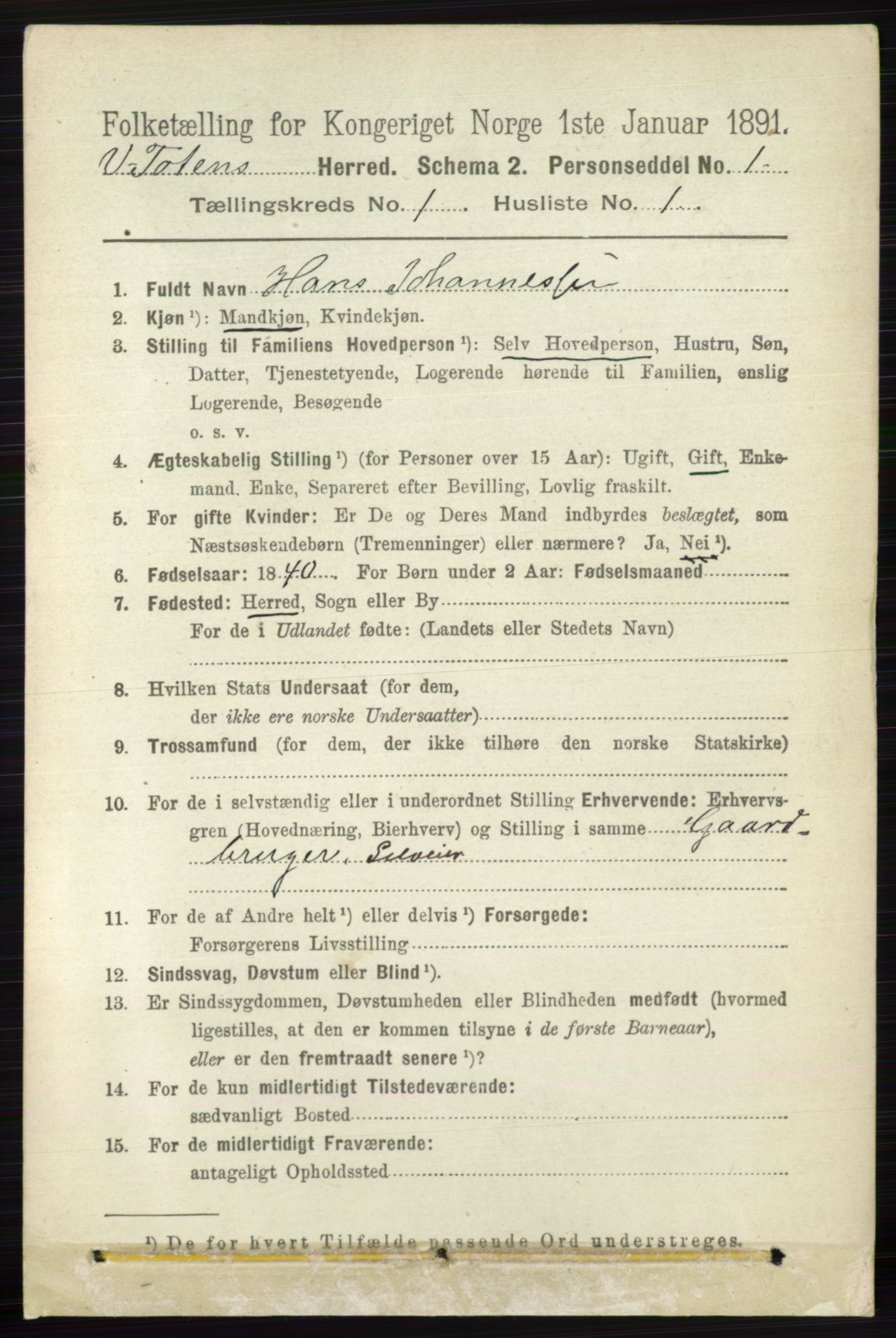 RA, 1891 census for 0529 Vestre Toten, 1891, p. 188