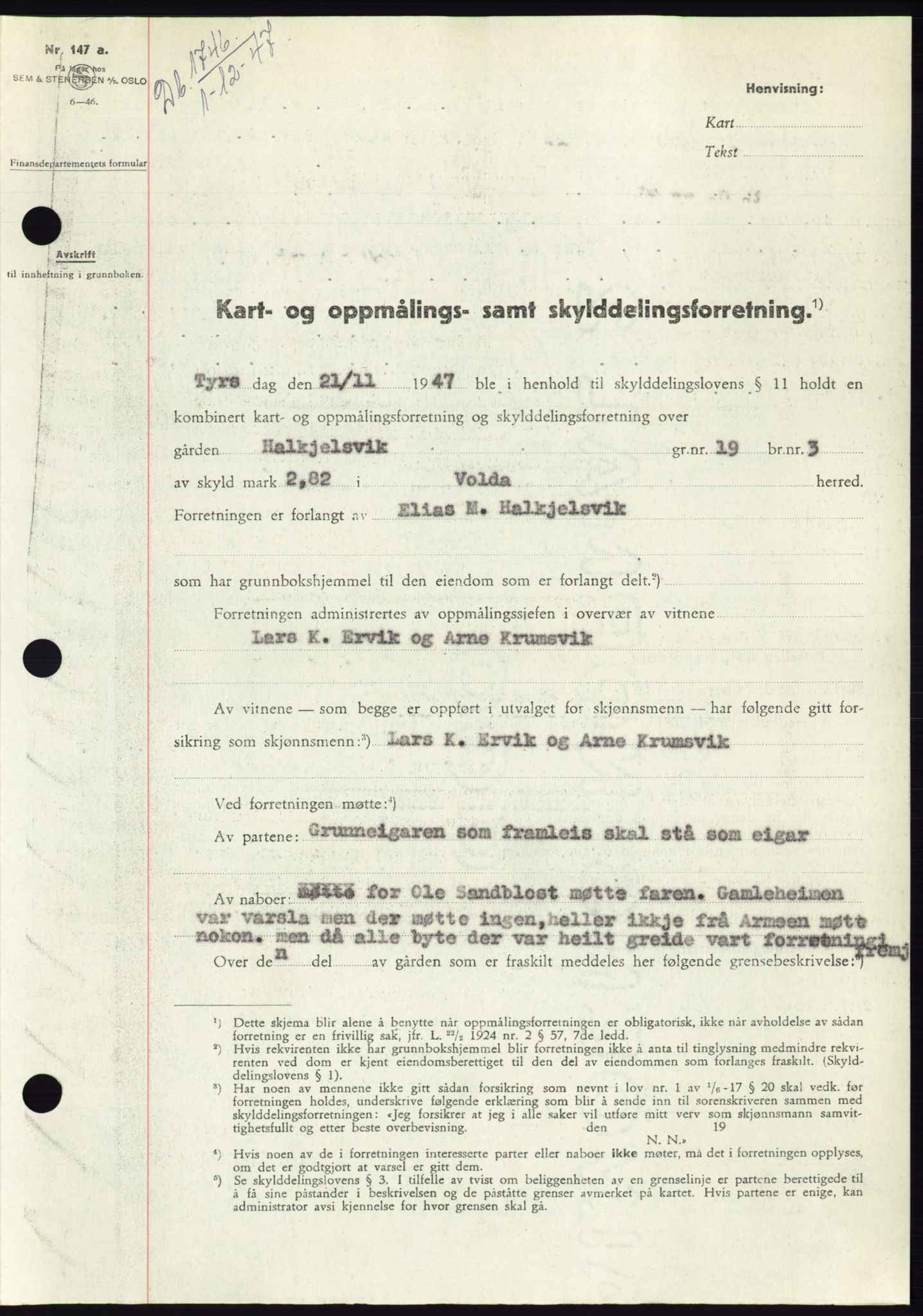 Søre Sunnmøre sorenskriveri, AV/SAT-A-4122/1/2/2C/L0081: Mortgage book no. 7A, 1947-1948, Diary no: : 1746/1947