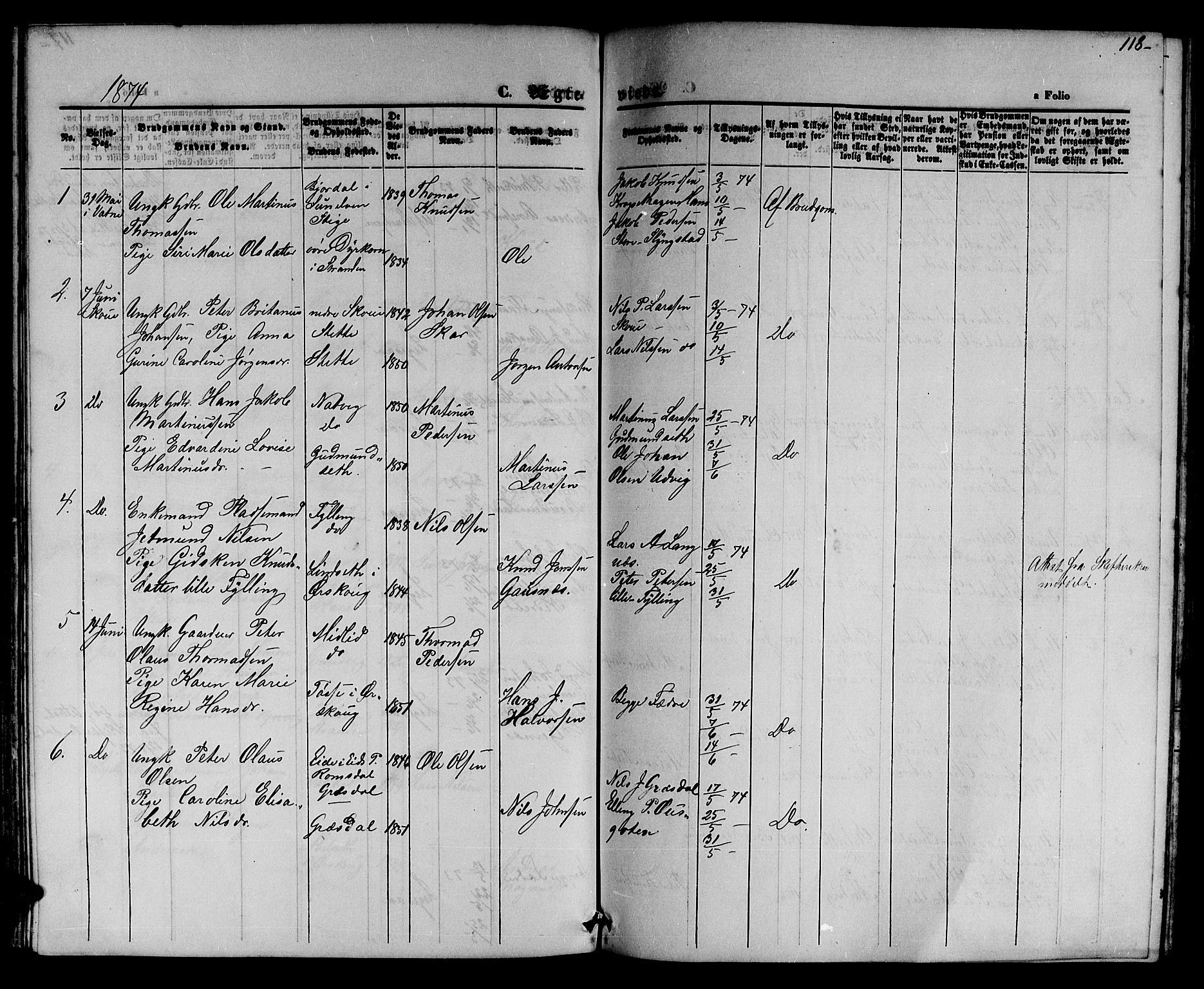 Ministerialprotokoller, klokkerbøker og fødselsregistre - Møre og Romsdal, AV/SAT-A-1454/524/L0364: Parish register (copy) no. 524C05, 1865-1879, p. 118