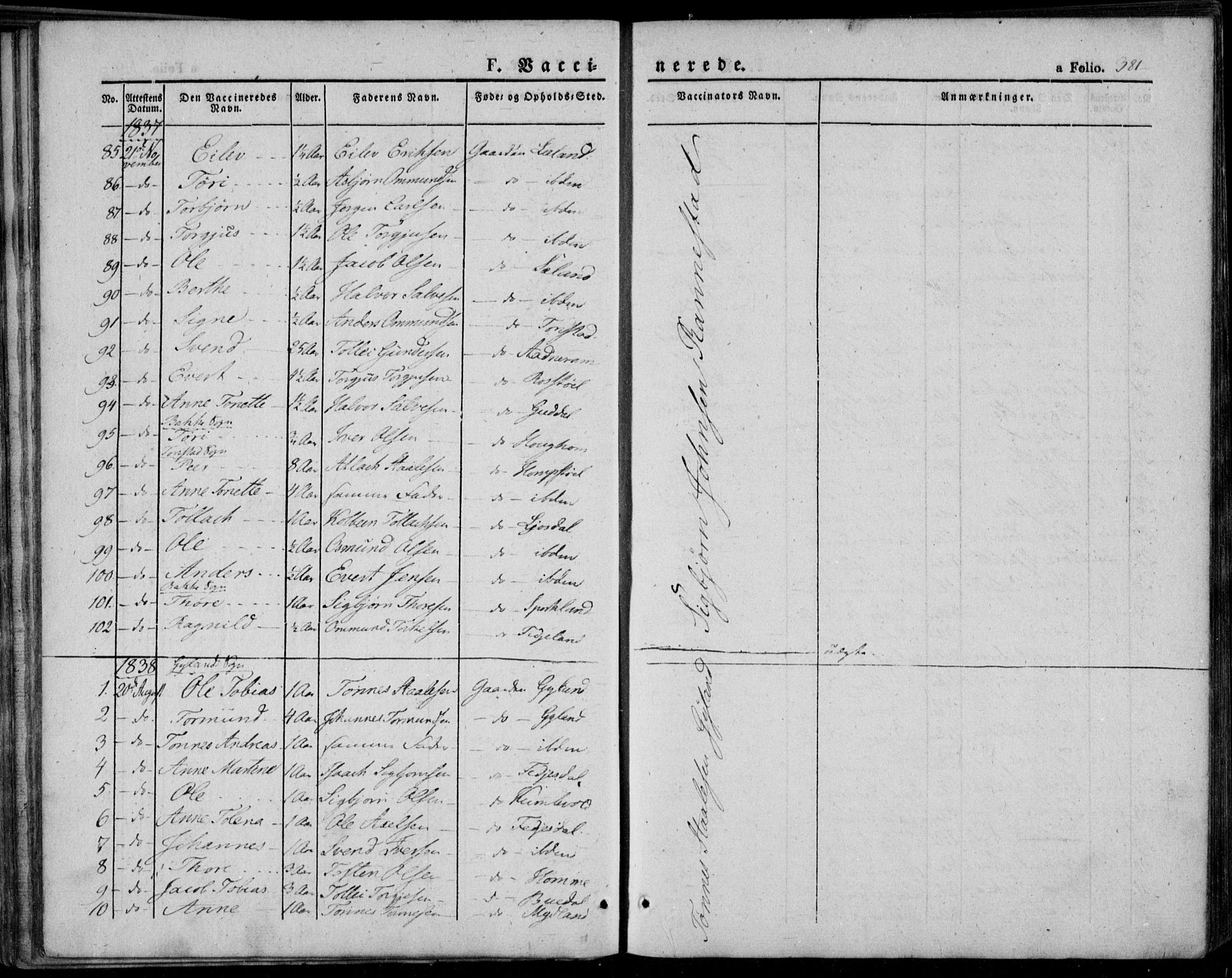 Bakke sokneprestkontor, AV/SAK-1111-0002/F/Fa/Faa/L0004: Parish register (official) no. A 4, 1834-1846, p. 381