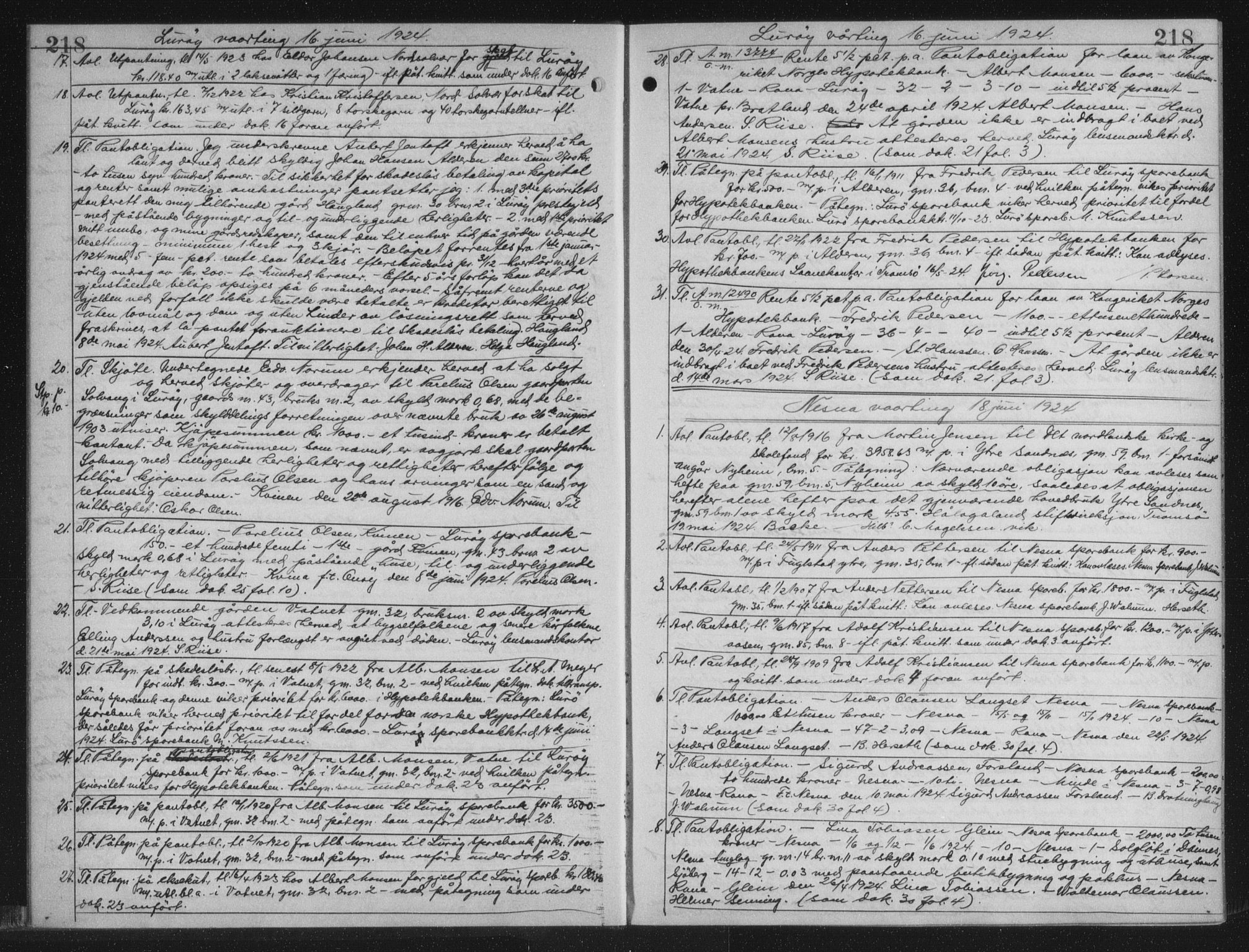 Rana sorenskriveri , AV/SAT-A-1108/1/2/2C/L0018: Mortgage book no. 18, 1923-1928, p. 218, Deed date: 16.06.1924