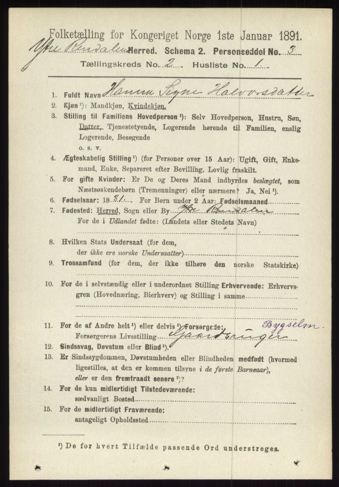 RA, 1891 census for 0432 Ytre Rendal, 1891, p. 295