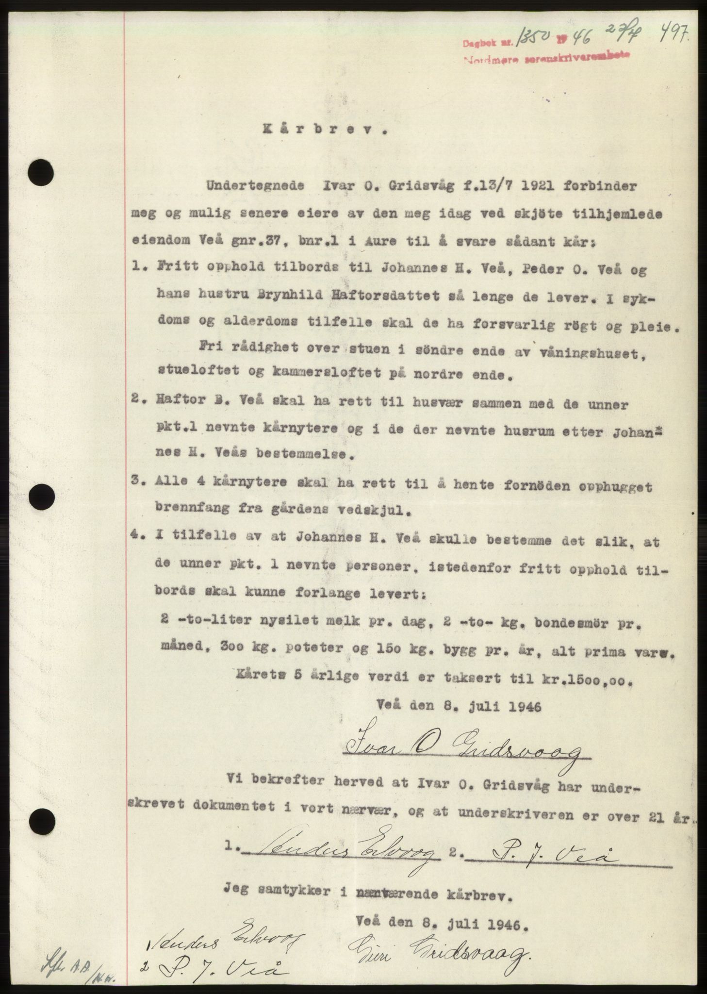 Nordmøre sorenskriveri, AV/SAT-A-4132/1/2/2Ca: Mortgage book no. B94, 1946-1946, Diary no: : 1350/1946