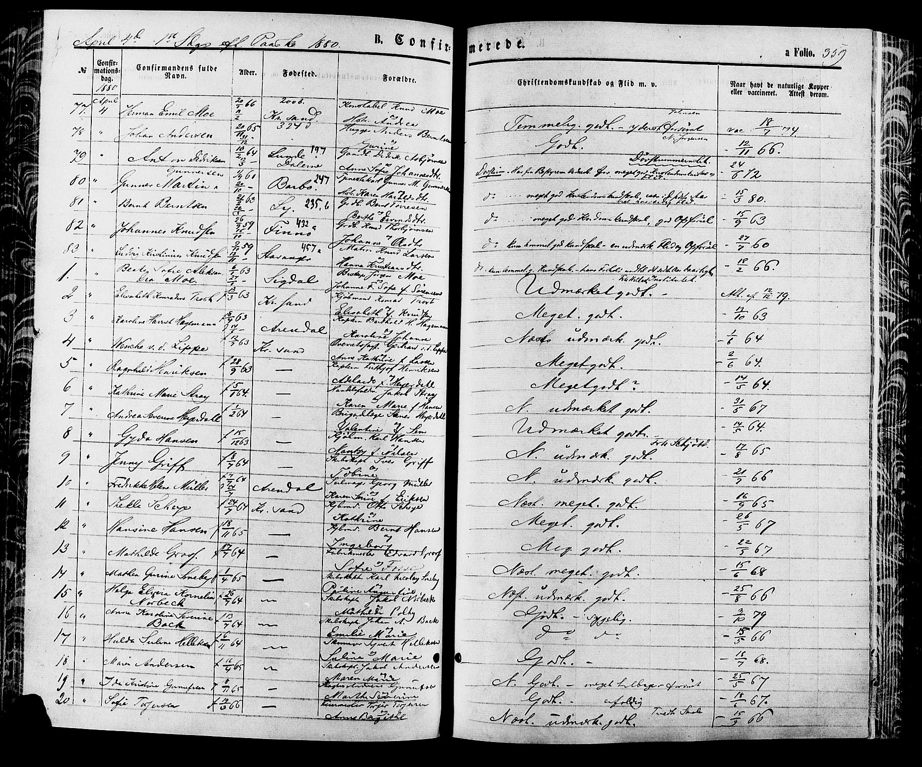 Kristiansand domprosti, SAK/1112-0006/F/Fa/L0015: Parish register (official) no. A 15, 1867-1880, p. 359