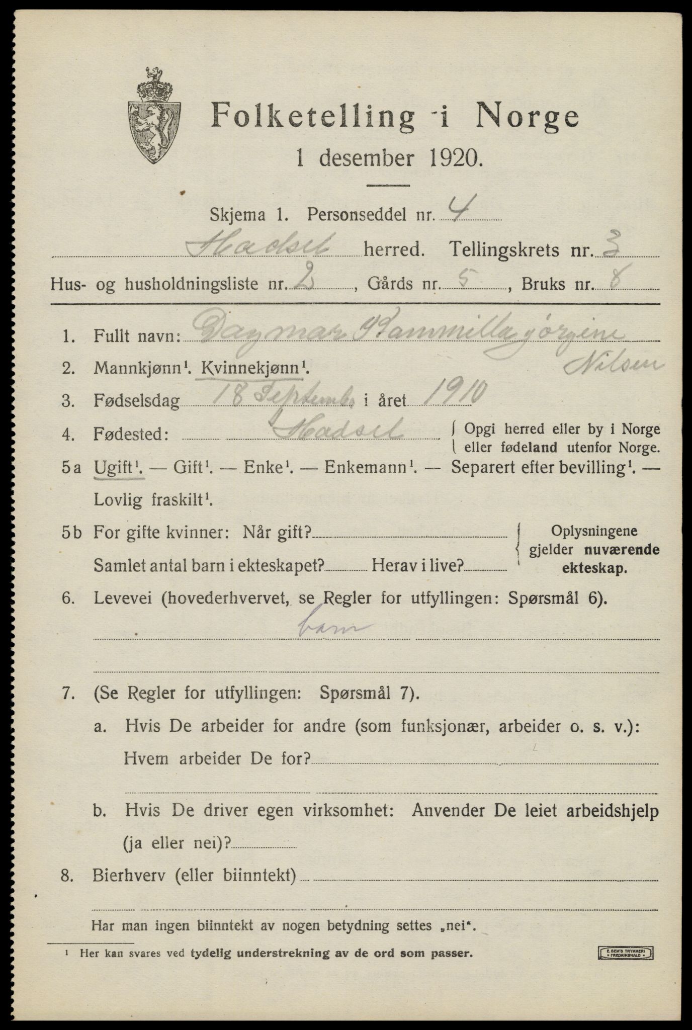 SAT, 1920 census for Hadsel, 1920, p. 5076