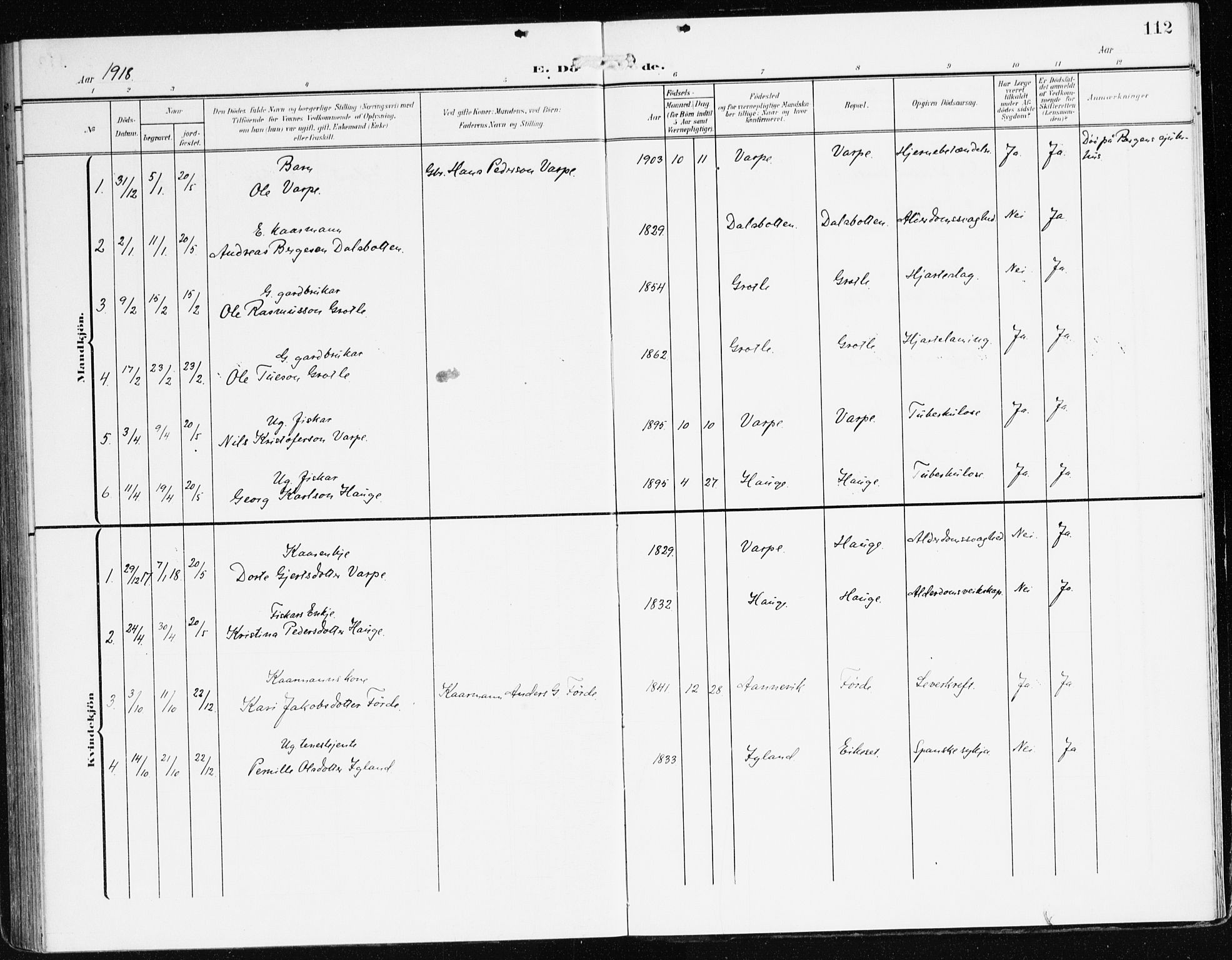 Bremanger sokneprestembete, SAB/A-82201/H/Haa/Haac/L0001: Parish register (official) no. C 1, 1908-1921, p. 112