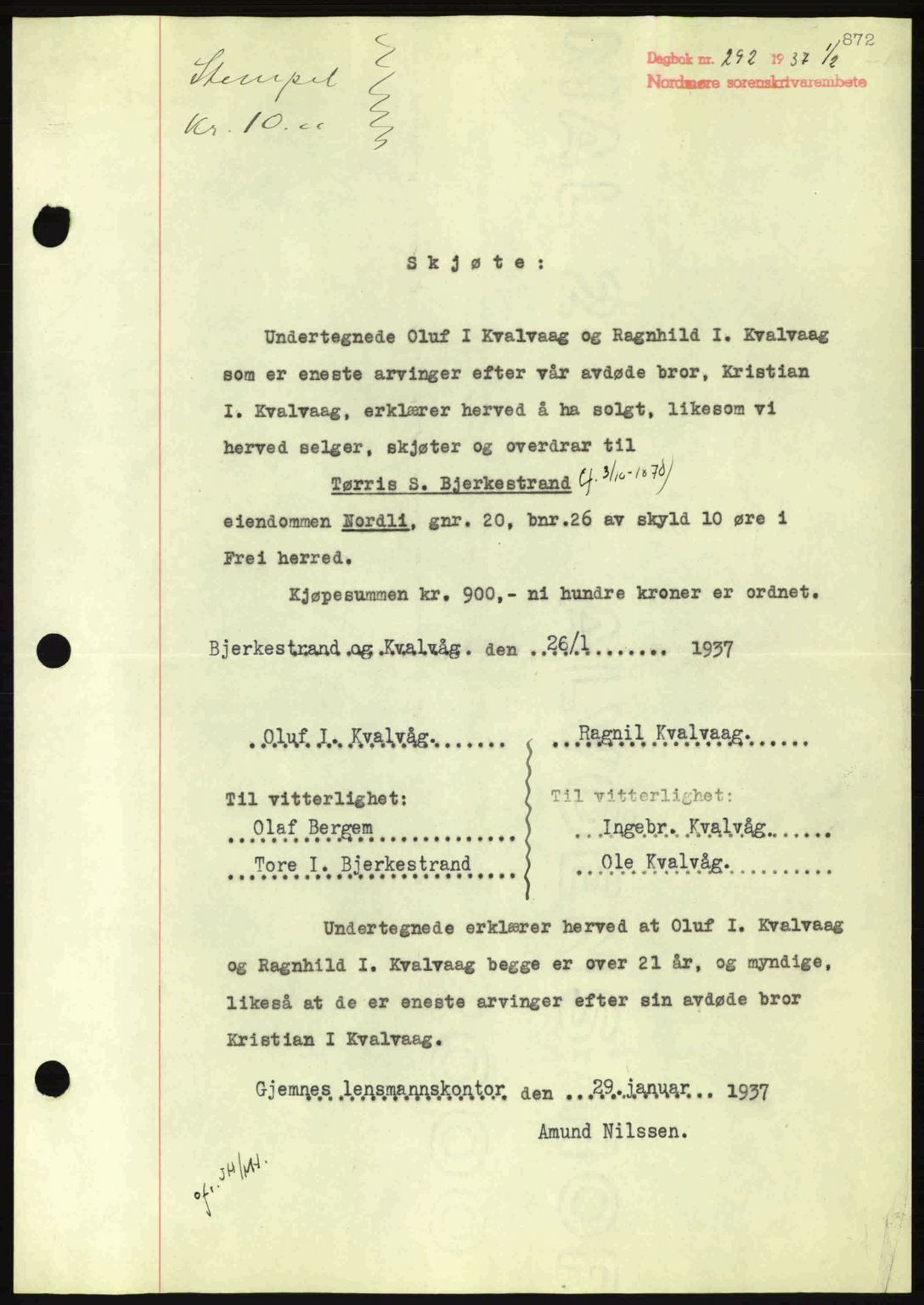 Nordmøre sorenskriveri, AV/SAT-A-4132/1/2/2Ca: Mortgage book no. A80, 1936-1937, Diary no: : 292/1937