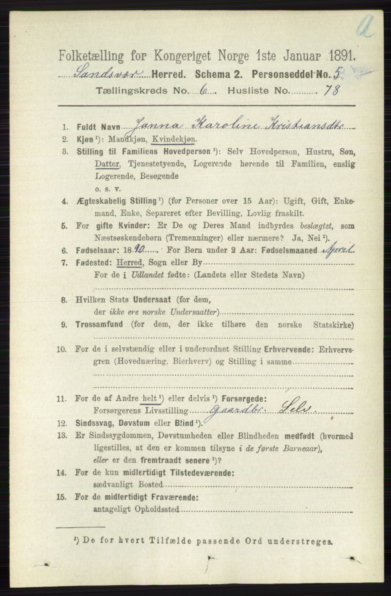 RA, 1891 census for 0629 Sandsvær, 1891, p. 3896