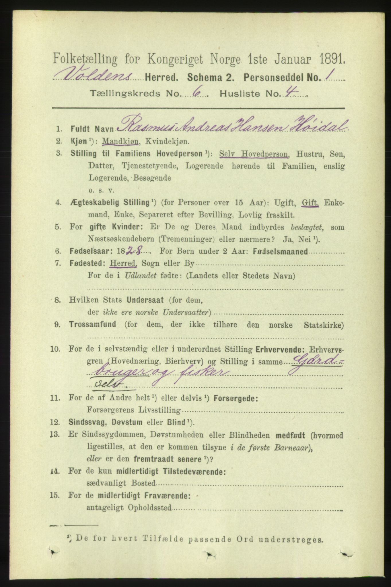 RA, 1891 census for 1519 Volda, 1891, p. 2885