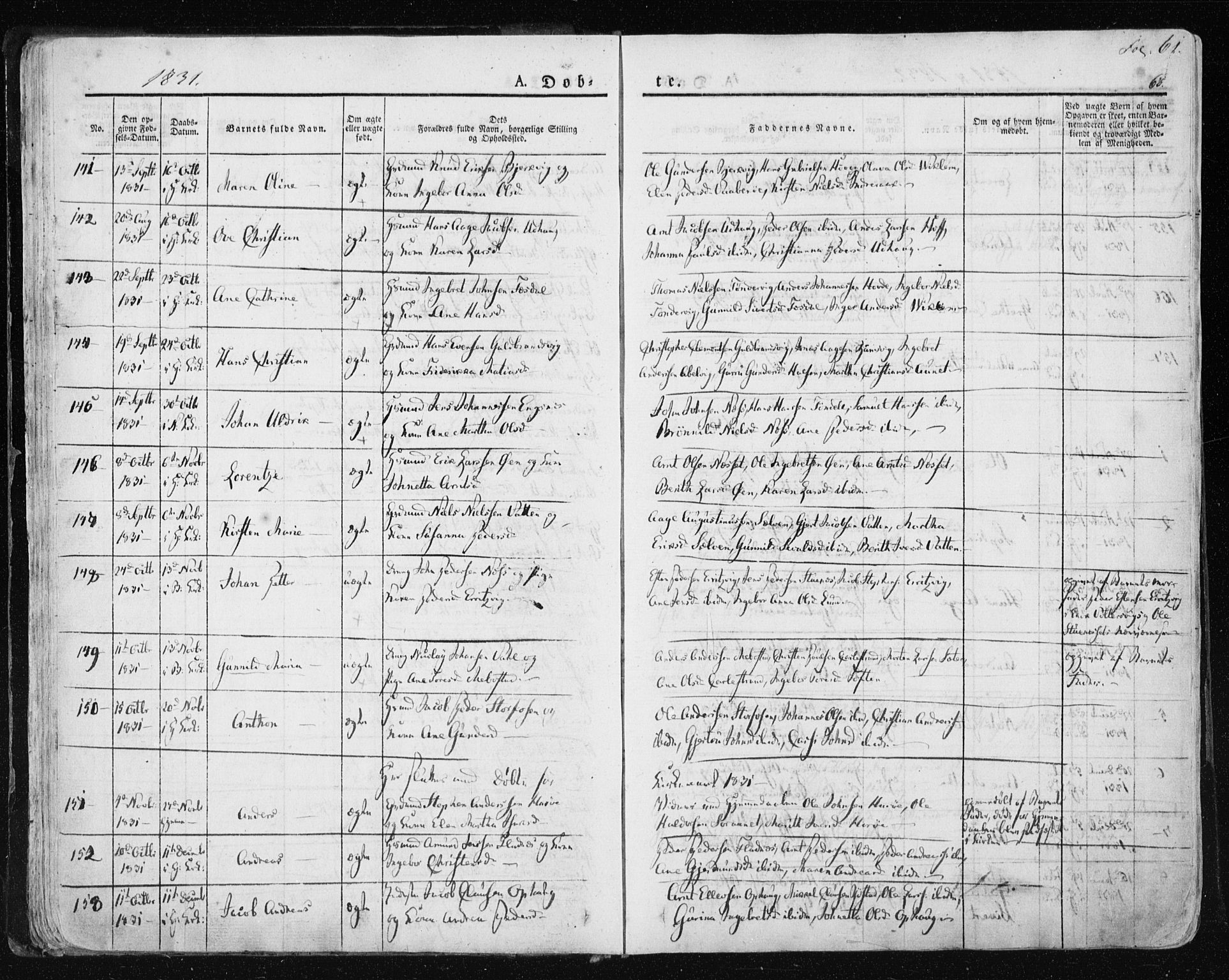 Ministerialprotokoller, klokkerbøker og fødselsregistre - Sør-Trøndelag, SAT/A-1456/659/L0735: Parish register (official) no. 659A05, 1826-1841, p. 61