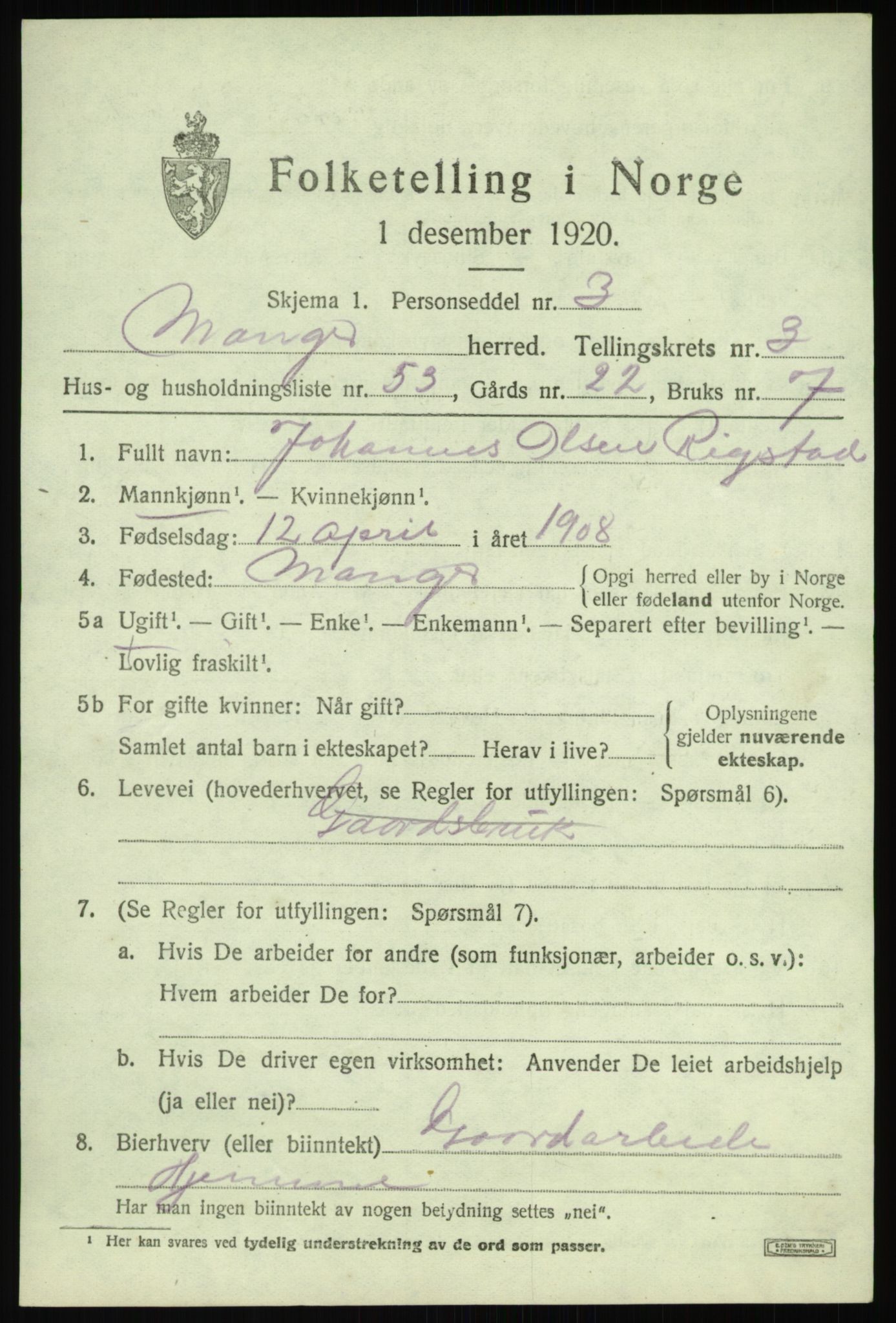 SAB, 1920 census for Manger, 1920, p. 2871