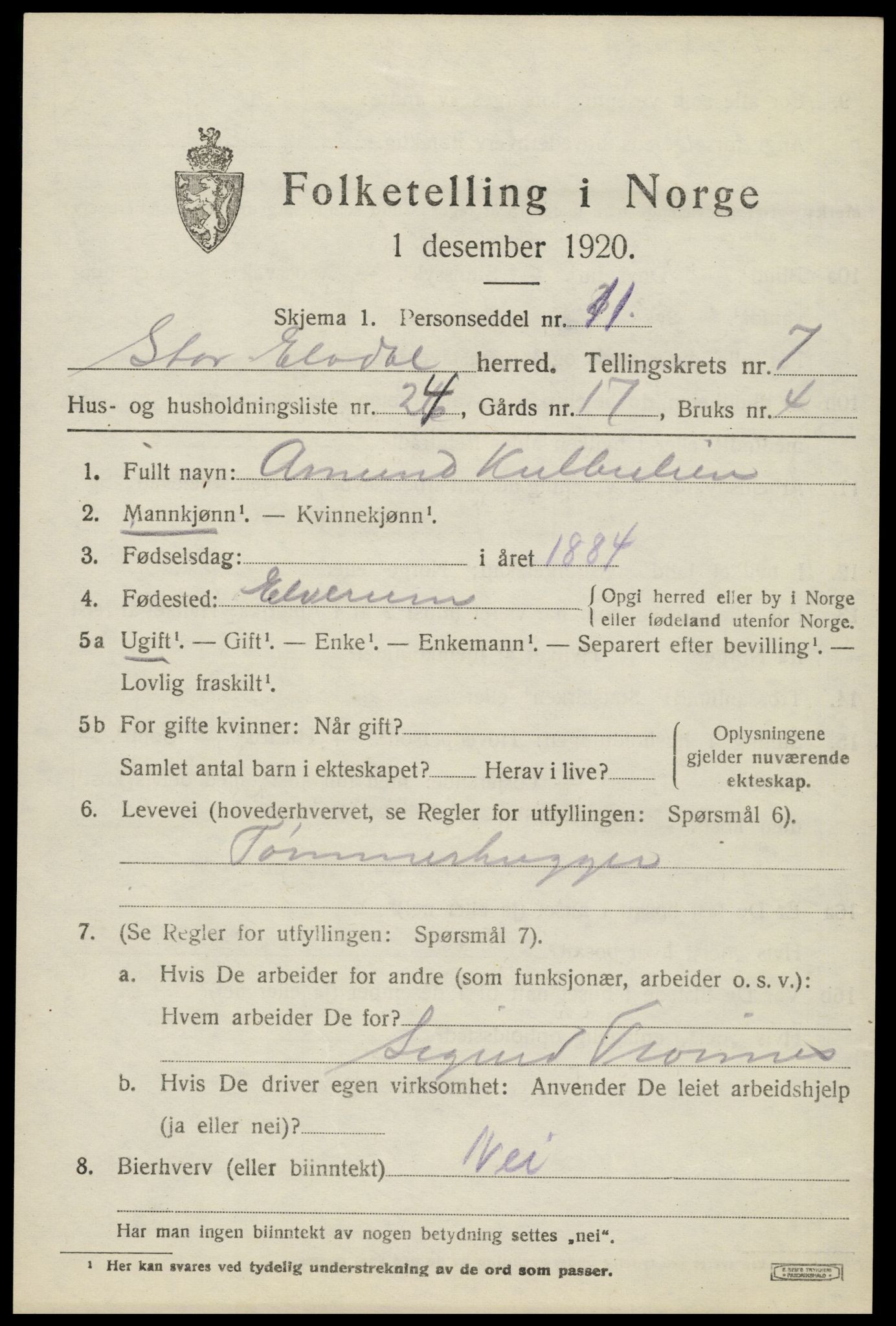 SAH, 1920 census for Stor-Elvdal, 1920, p. 6044