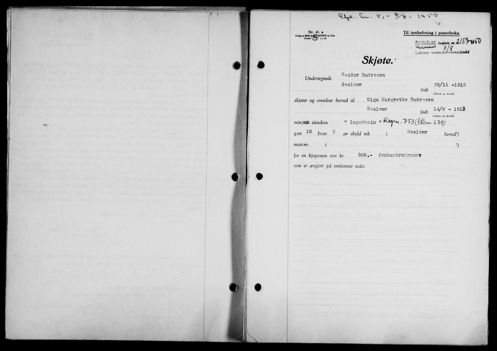 Lofoten sorenskriveri, SAT/A-0017/1/2/2C/L0024a: Mortgage book no. 24a, 1950-1950, Diary no: : 2159/1950