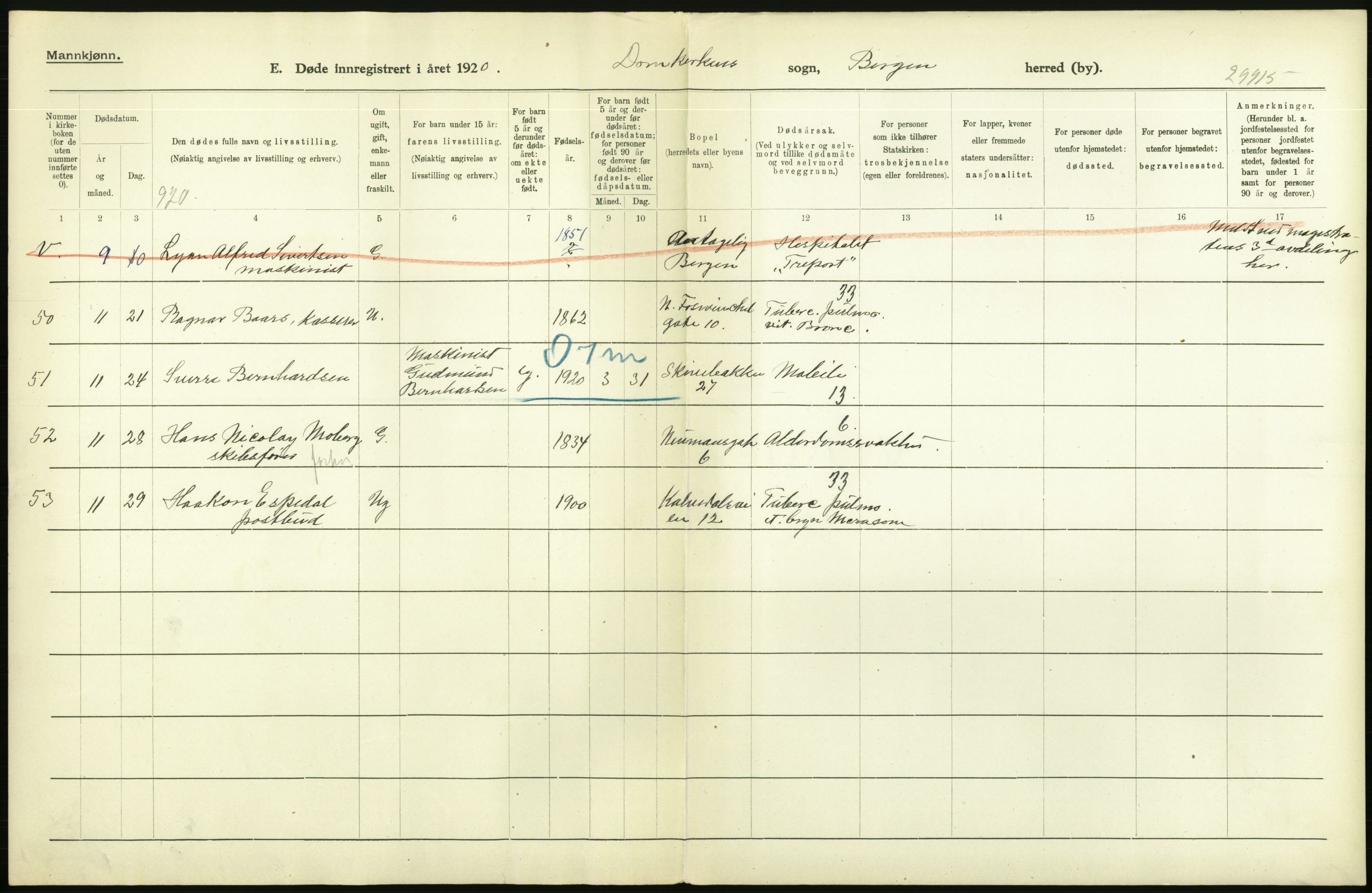 Statistisk sentralbyrå, Sosiodemografiske emner, Befolkning, AV/RA-S-2228/D/Df/Dfb/Dfbj/L0042: Bergen: Gifte, døde, dødfødte., 1920, p. 644