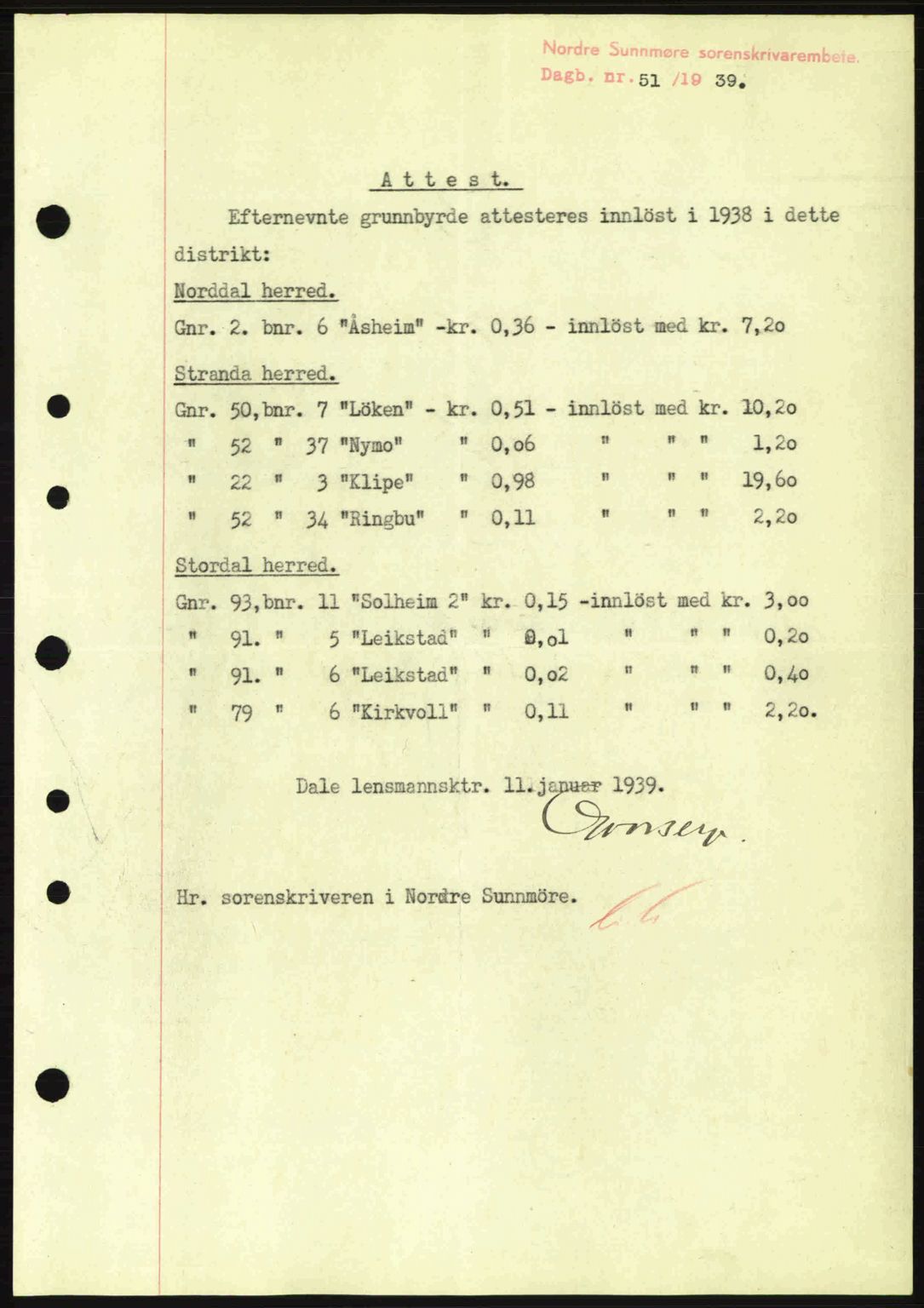 Nordre Sunnmøre sorenskriveri, AV/SAT-A-0006/1/2/2C/2Ca: Mortgage book no. B1-6, 1938-1942, Diary no: : 51/1939