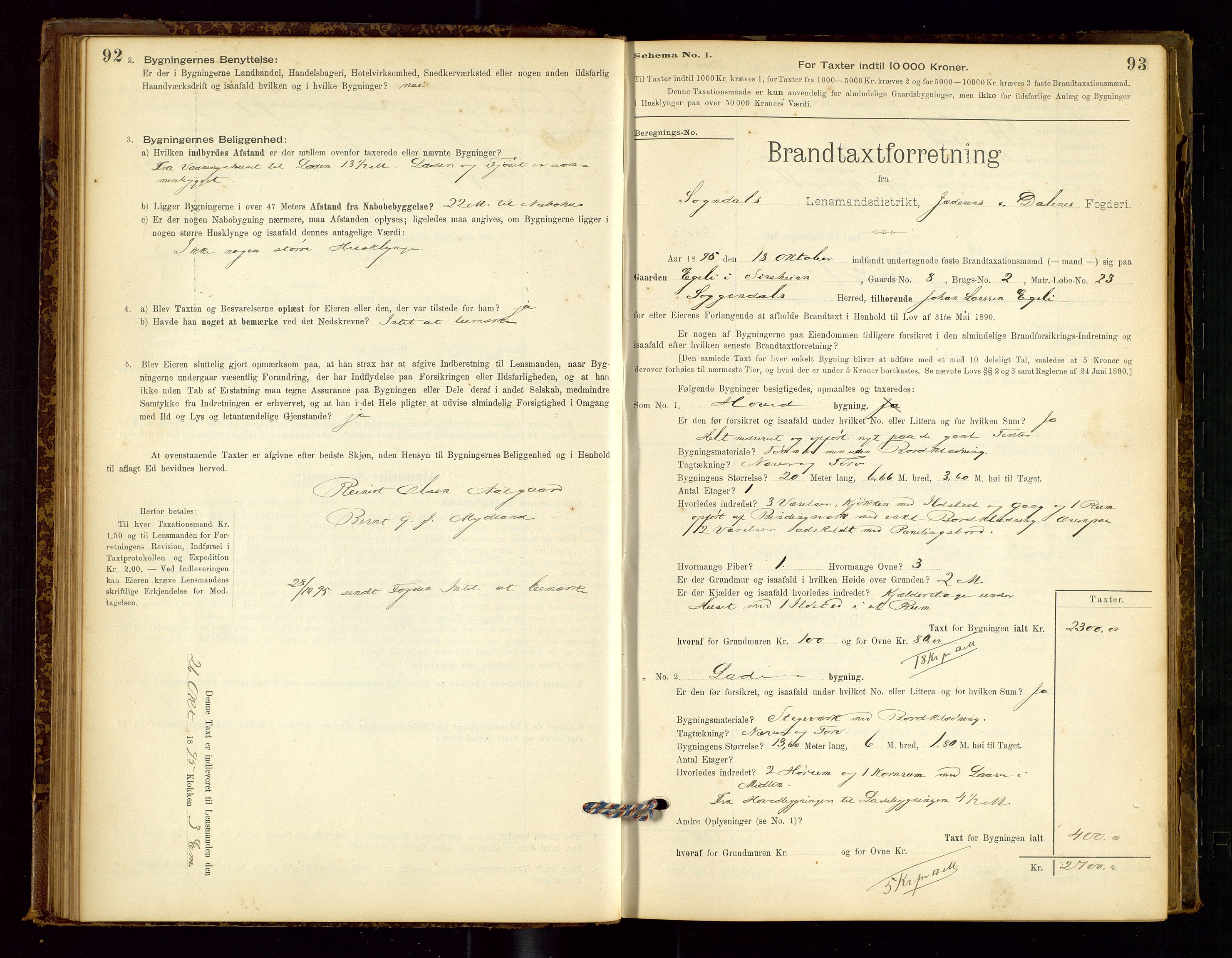 Sokndal lensmannskontor, AV/SAST-A-100417/Gob/L0001: "Brandtaxt-Protokol", 1895-1902, p. 92-93