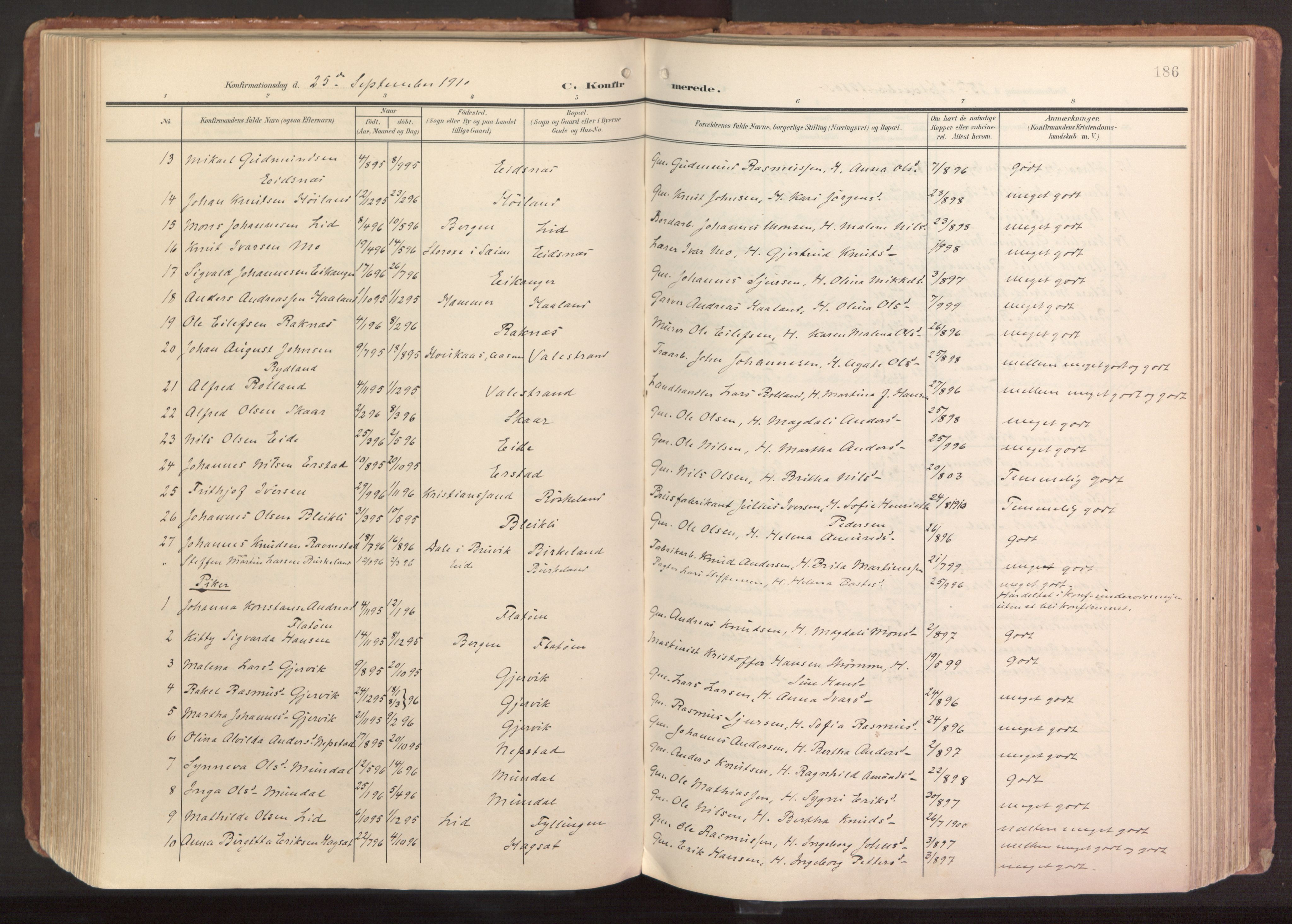 Hamre sokneprestembete, SAB/A-75501/H/Ha/Haa/Haab/L0002: Parish register (official) no. B 2, 1905-1924, p. 186