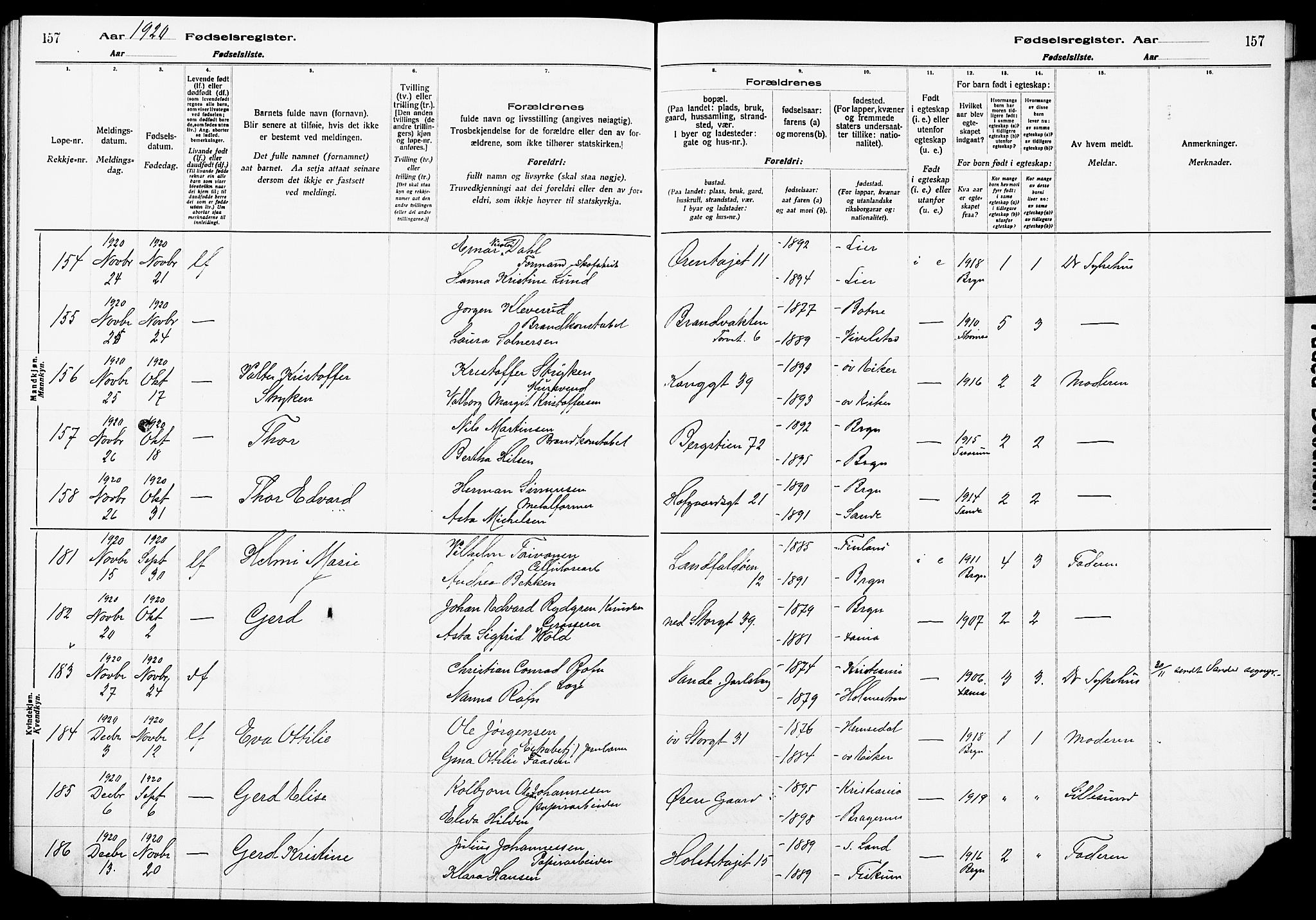 Bragernes kirkebøker, AV/SAKO-A-6/J/Ja/L0001: Birth register no. 1, 1916-1922, p. 157