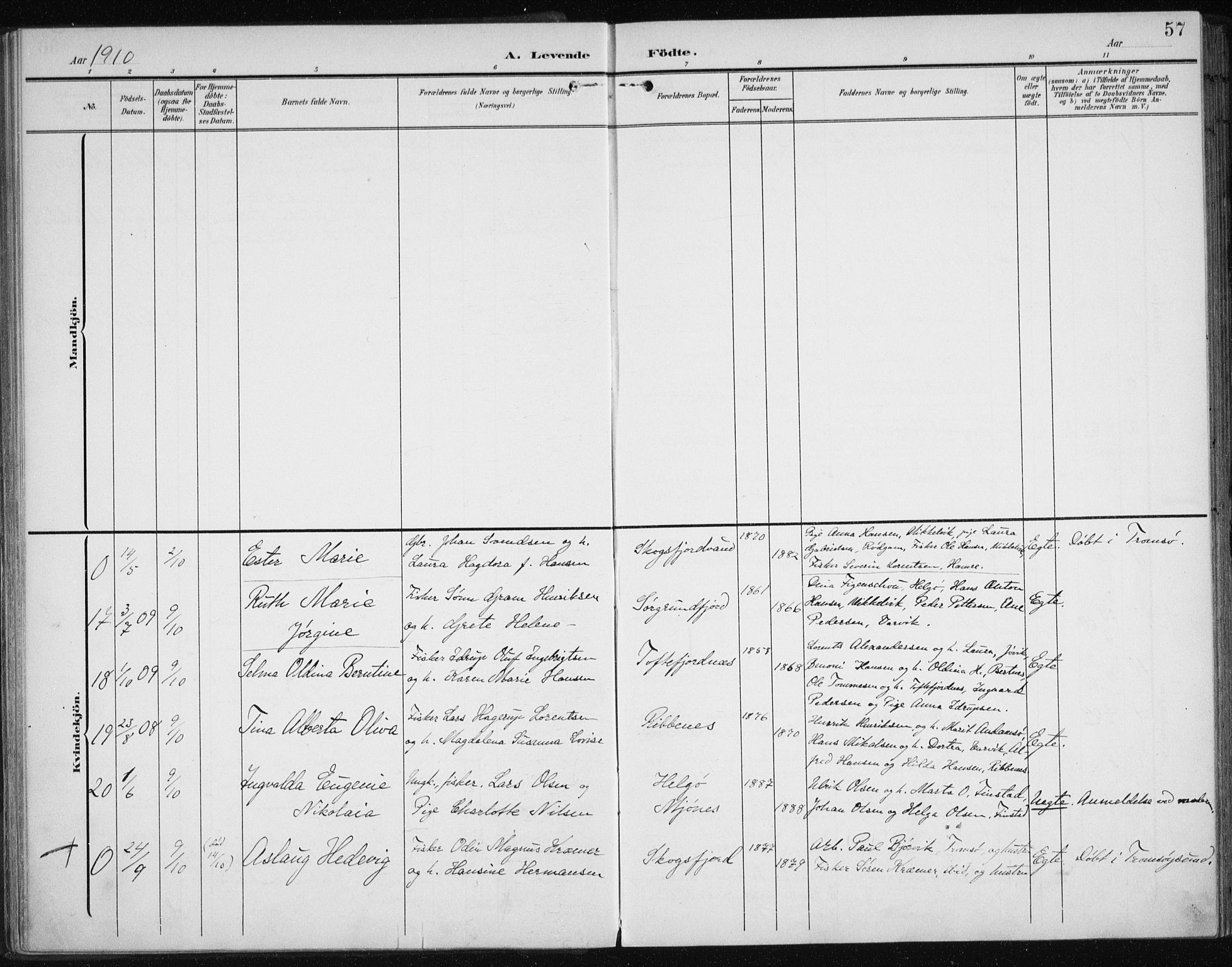 Karlsøy sokneprestembete, AV/SATØ-S-1299/H/Ha/Haa/L0013kirke: Parish register (official) no. 13, 1902-1916, p. 57