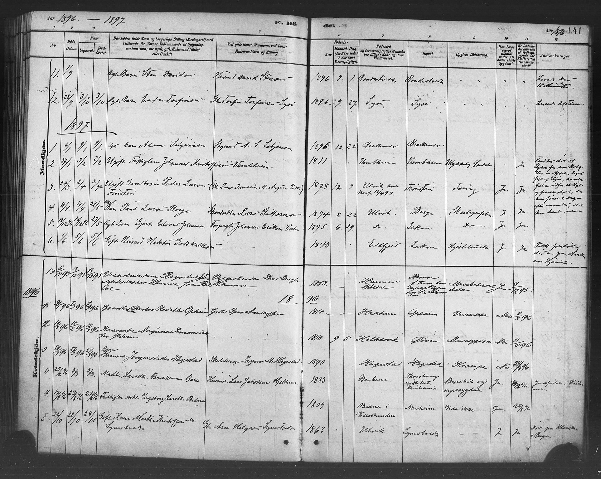 Ulvik sokneprestembete, SAB/A-78801/H/Haa: Parish register (official) no. B 1, 1878-1897, p. 141