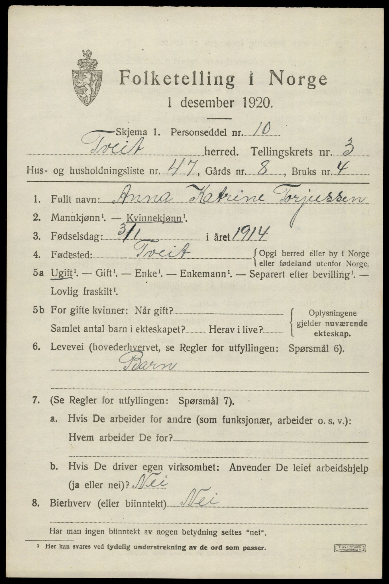 SAK, 1920 census for Tveit, 1920, p. 1966