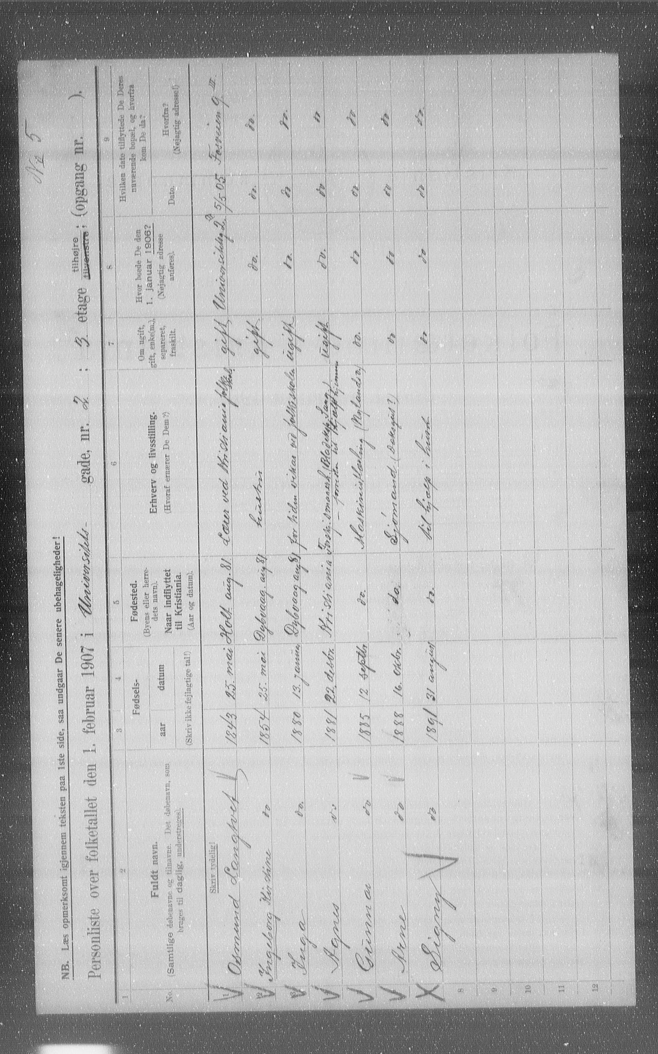 OBA, Municipal Census 1907 for Kristiania, 1907, p. 61012