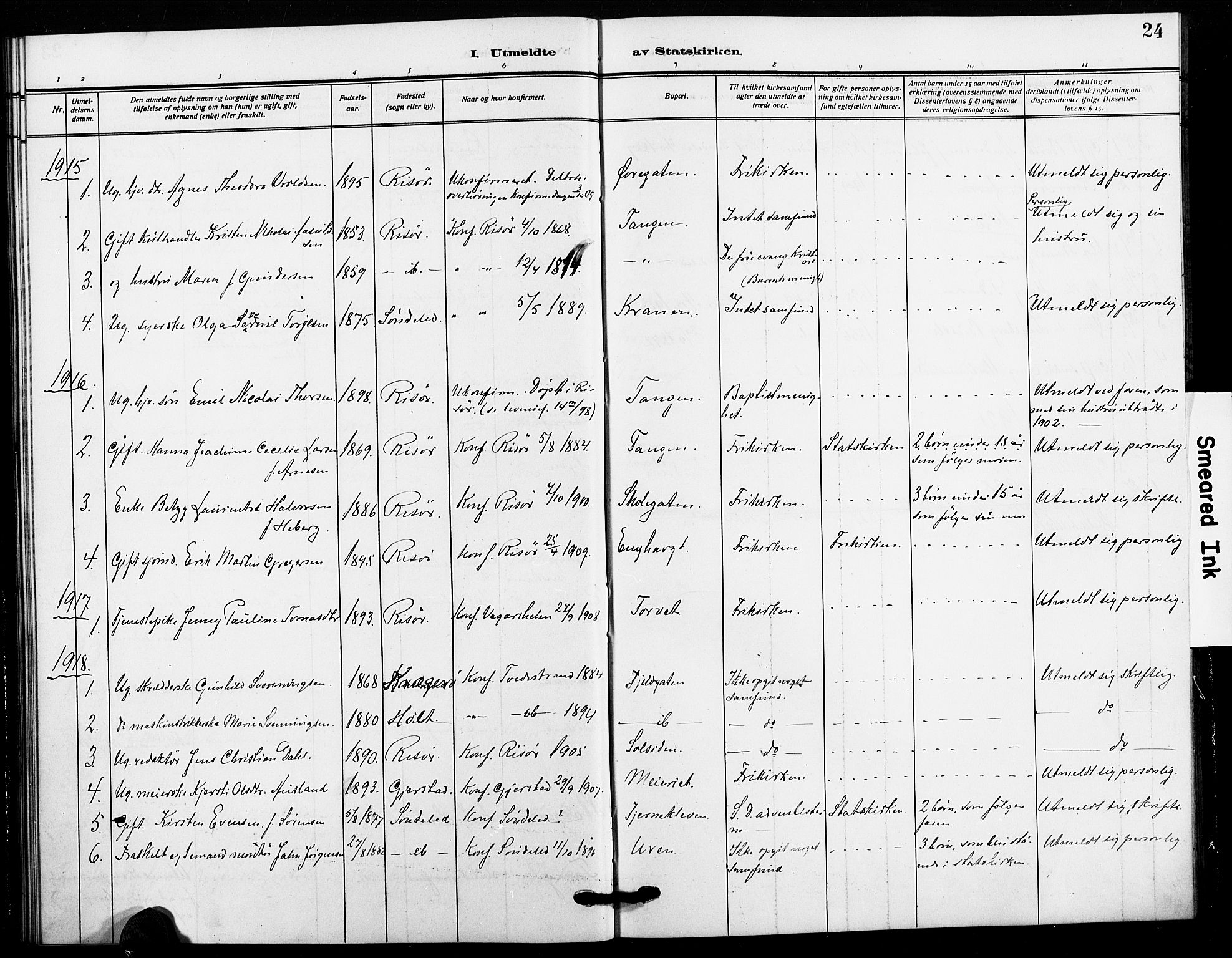 Risør sokneprestkontor, AV/SAK-1111-0035/F/Fa/L0007: Parish register (official) no. A 7, 1908-1921, p. 24