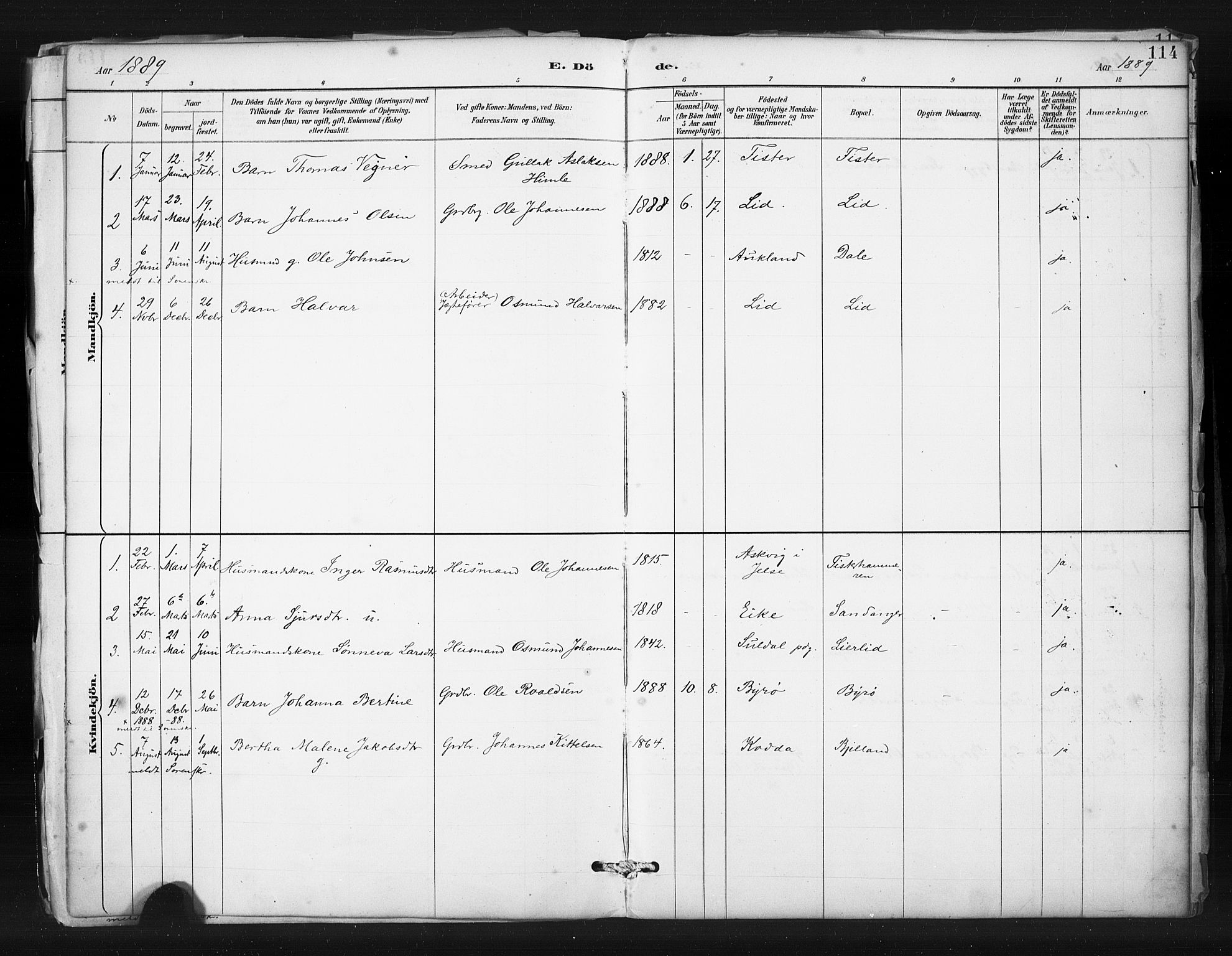 Hjelmeland sokneprestkontor, SAST/A-101843/01/IV/L0015: Parish register (official) no. A 15, 1887-1910, p. 114