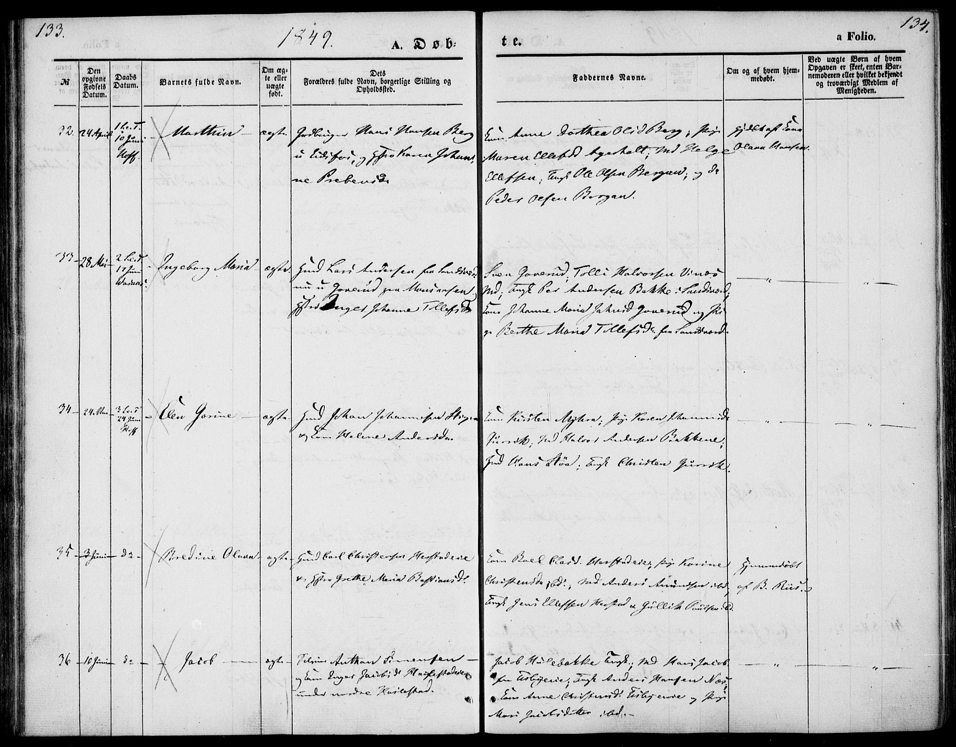 Hof kirkebøker, AV/SAKO-A-64/F/Fa/L0005: Parish register (official) no. I 5, 1844-1851, p. 133-134