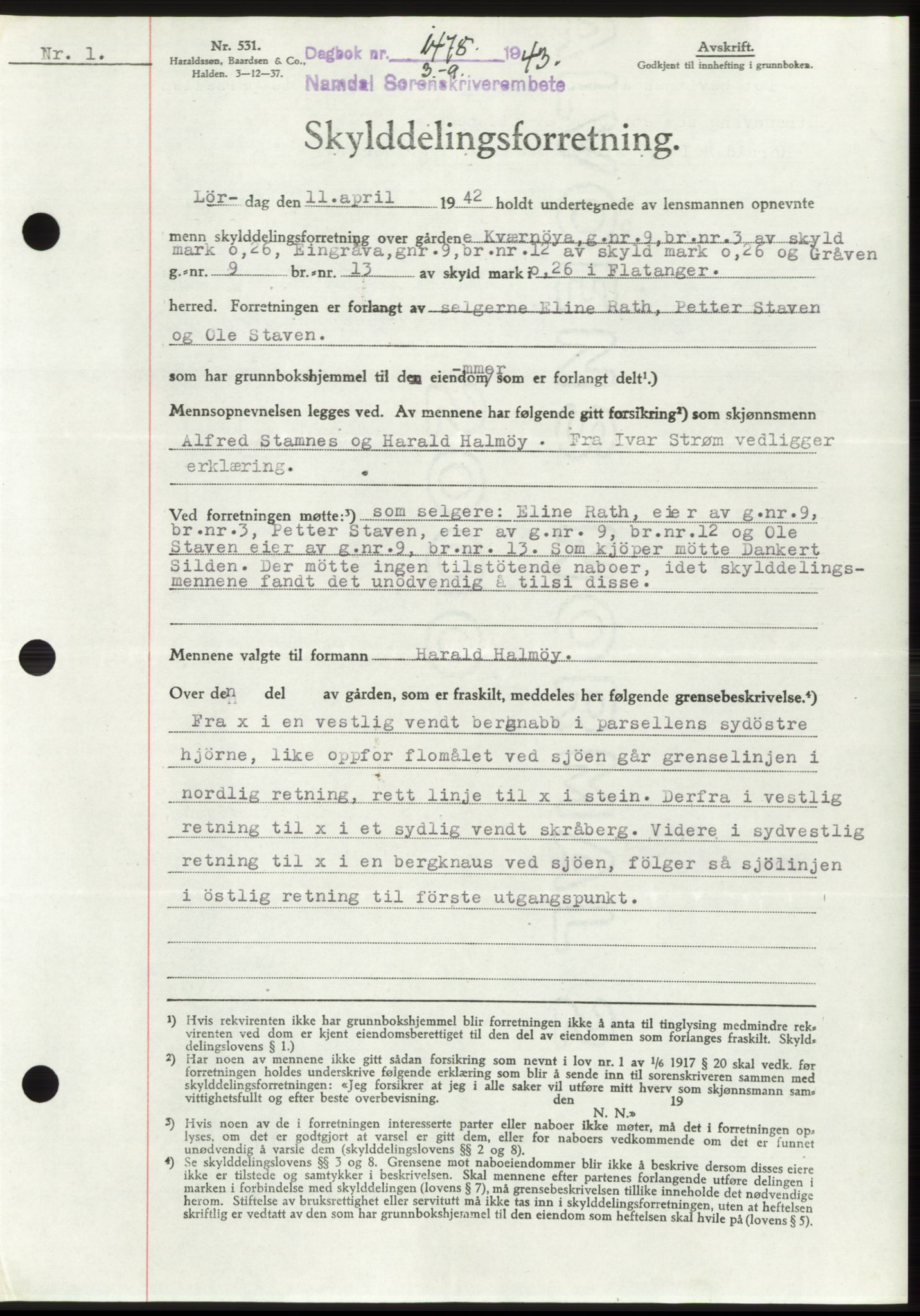 Namdal sorenskriveri, SAT/A-4133/1/2/2C: Mortgage book no. -, 1943-1944, Diary no: : 1475/1943