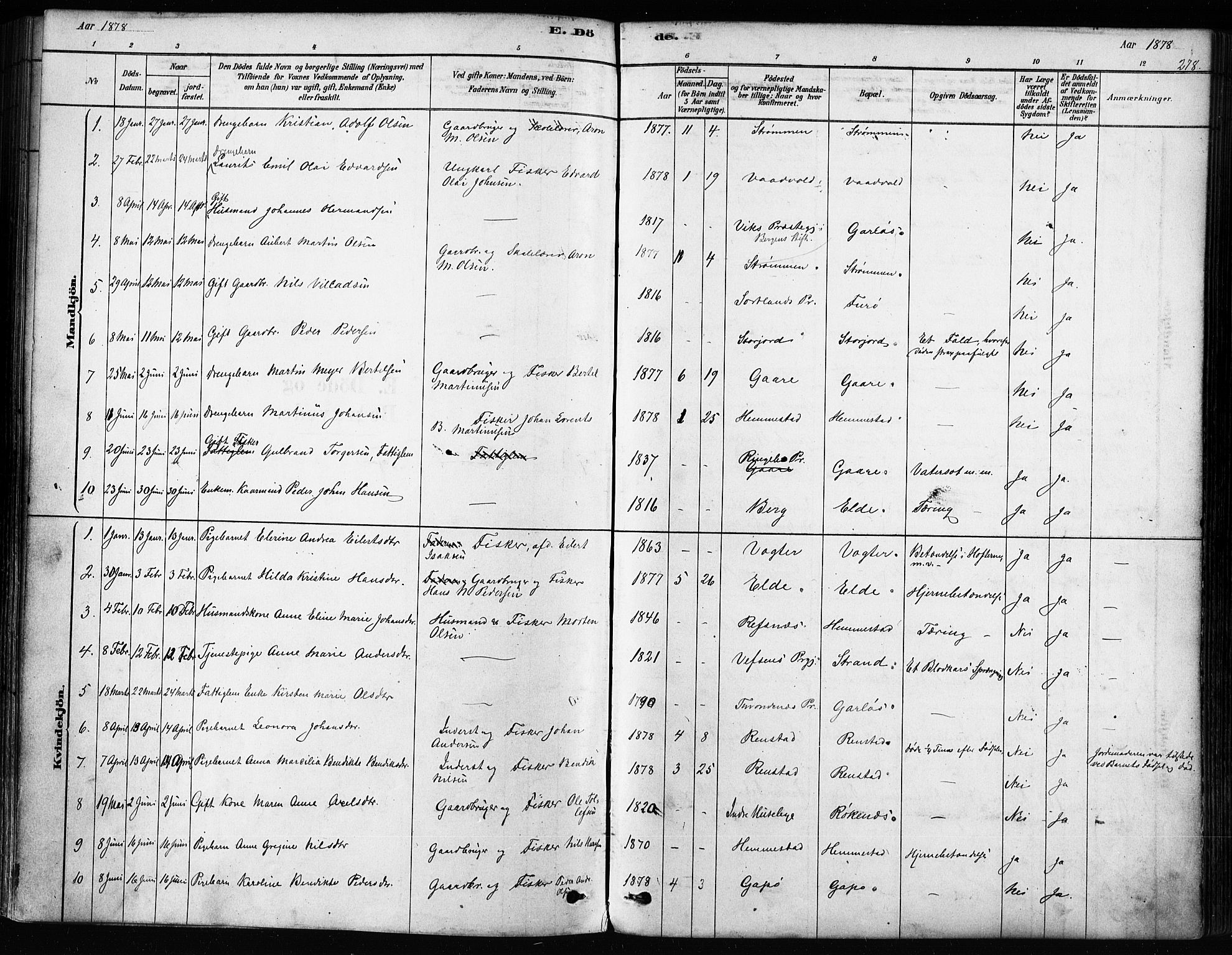 Kvæfjord sokneprestkontor, SATØ/S-1323/G/Ga/Gaa/L0005kirke: Parish register (official) no. 5, 1878-1894, p. 278