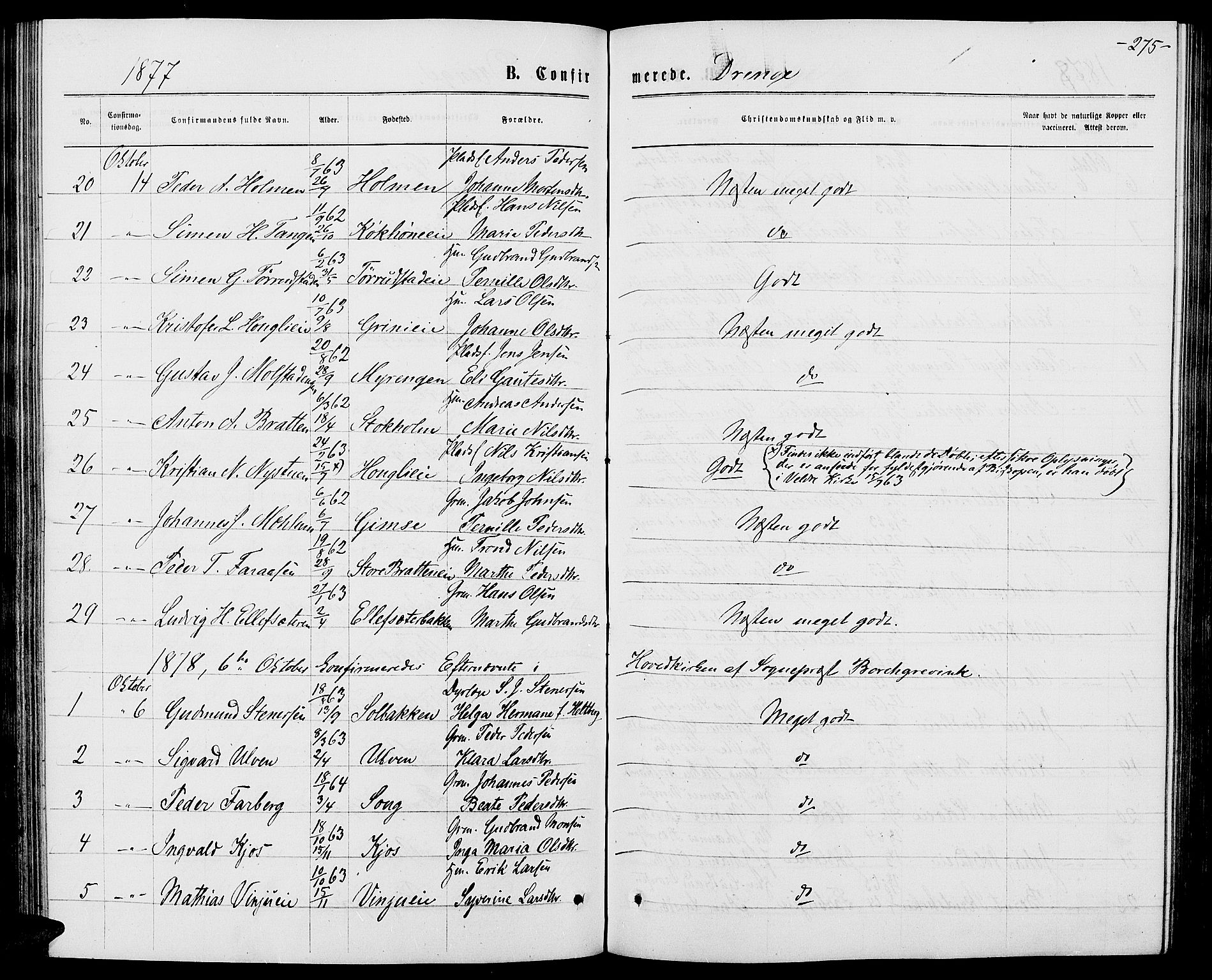 Ringsaker prestekontor, AV/SAH-PREST-014/L/La/L0008: Parish register (copy) no. 8, 1870-1878, p. 275