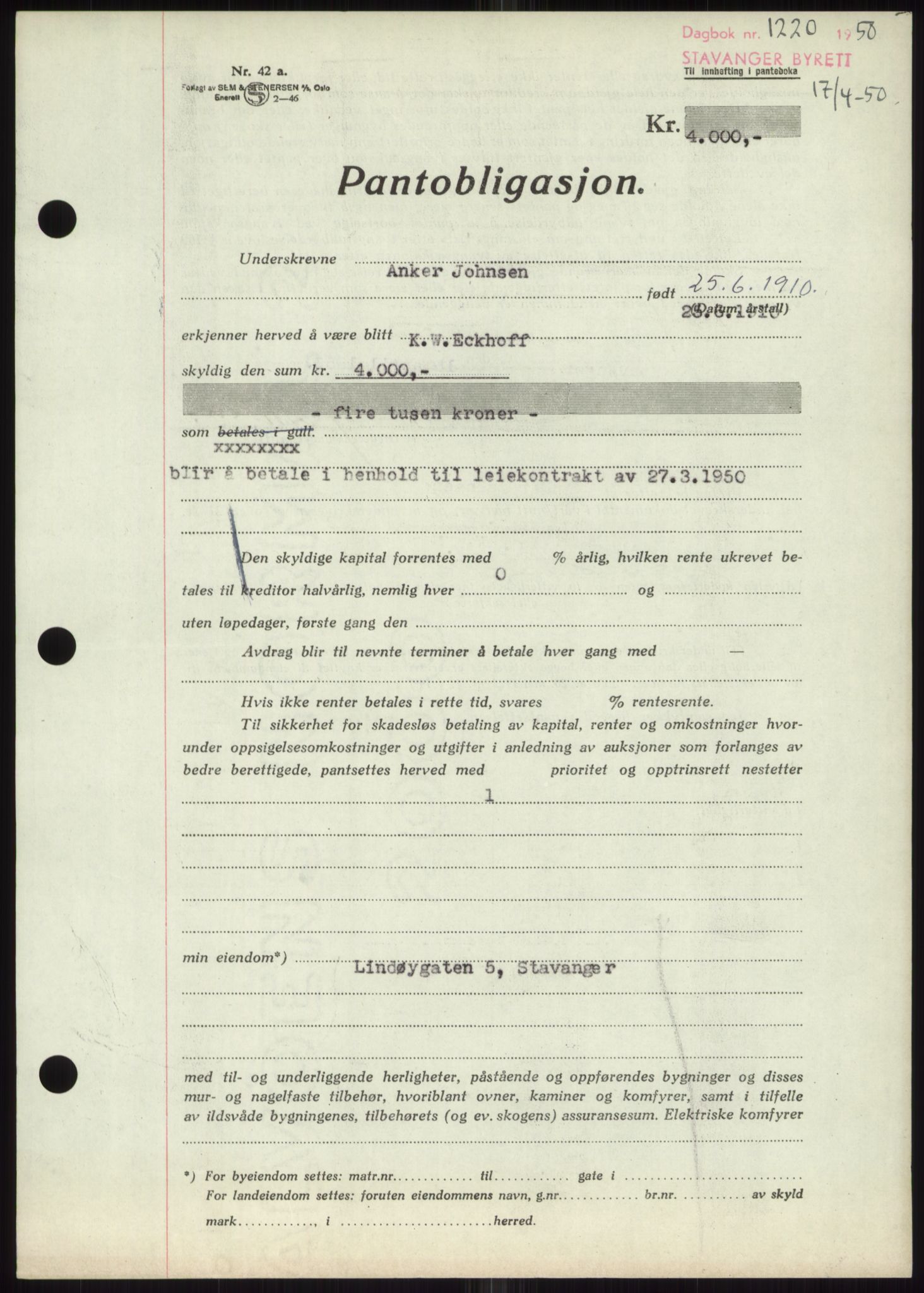 Stavanger byrett, SAST/A-100455/002/G/Gb/L0032: Mortgage book, 1947-1950, Diary no: : 1220/1950