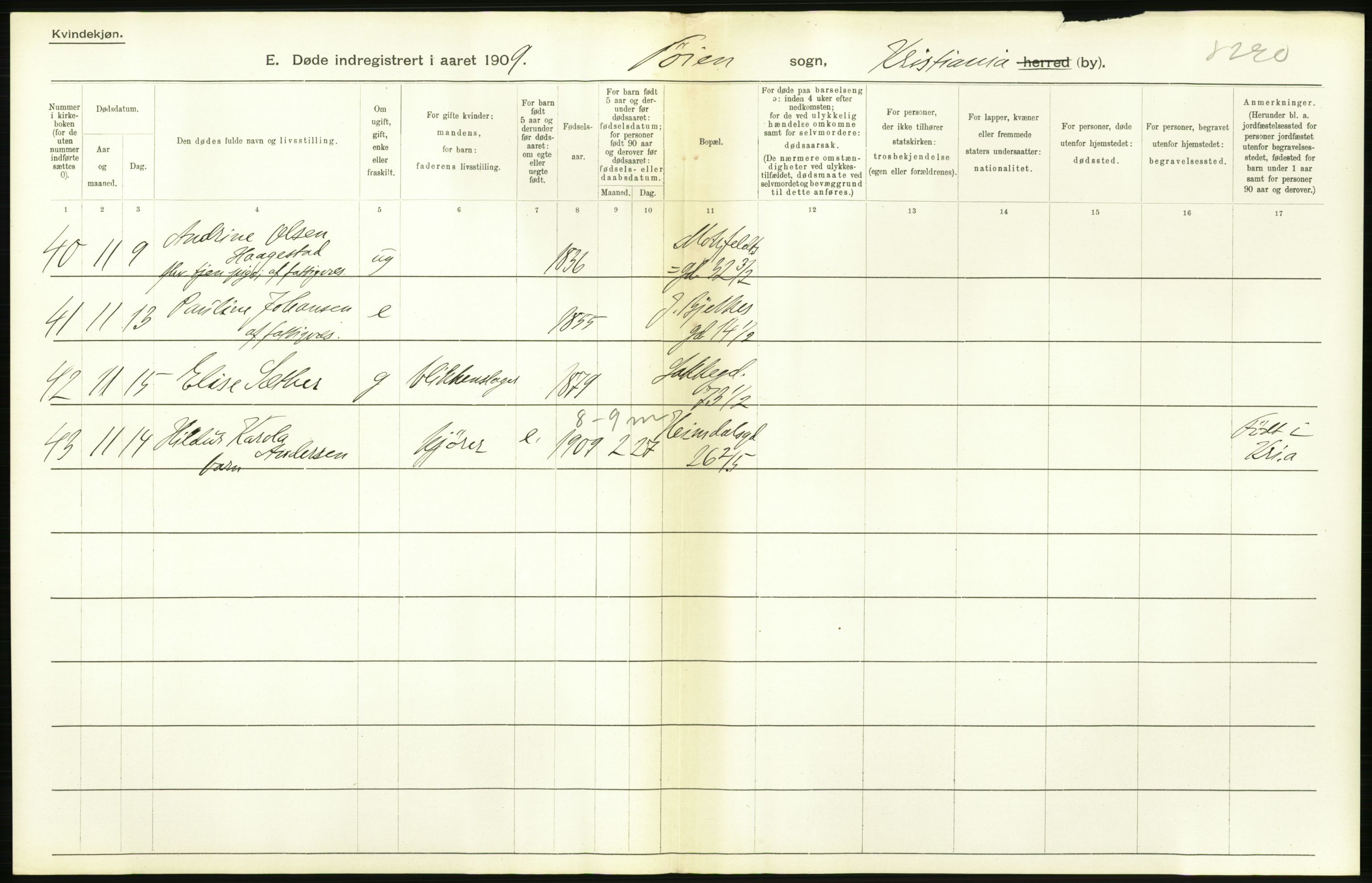 Statistisk sentralbyrå, Sosiodemografiske emner, Befolkning, AV/RA-S-2228/D/Df/Dfa/Dfag/L0010: Kristiania: Døde, dødfødte., 1909, p. 146