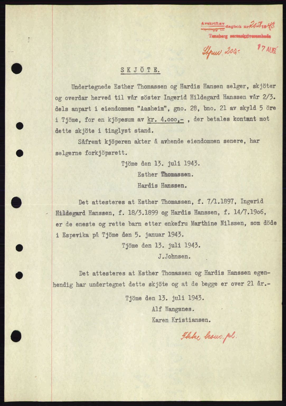 Tønsberg sorenskriveri, AV/SAKO-A-130/G/Ga/Gaa/L0013: Mortgage book no. A13, 1943-1943, Diary no: : 2058/1943