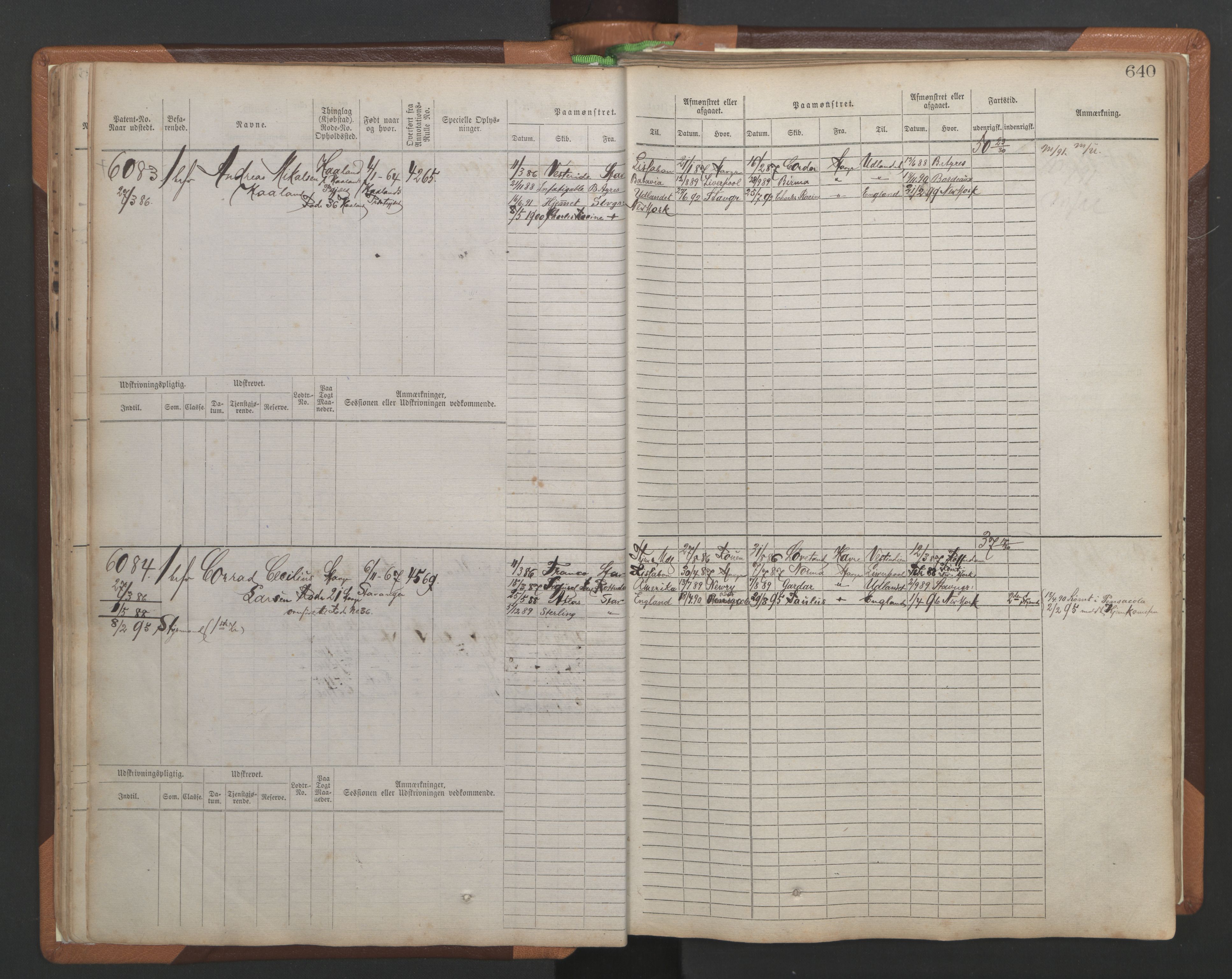 Stavanger sjømannskontor, AV/SAST-A-102006/F/Fb/Fbb/L0010: Sjøfartshovedrulle, patentnr. 6007-6606 (del 1), 1887-1896, p. 44