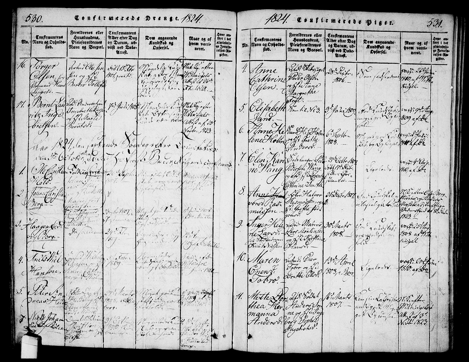 Halden prestekontor Kirkebøker, AV/SAO-A-10909/G/Ga/L0001: Parish register (copy) no. 1, 1815-1833, p. 530-531