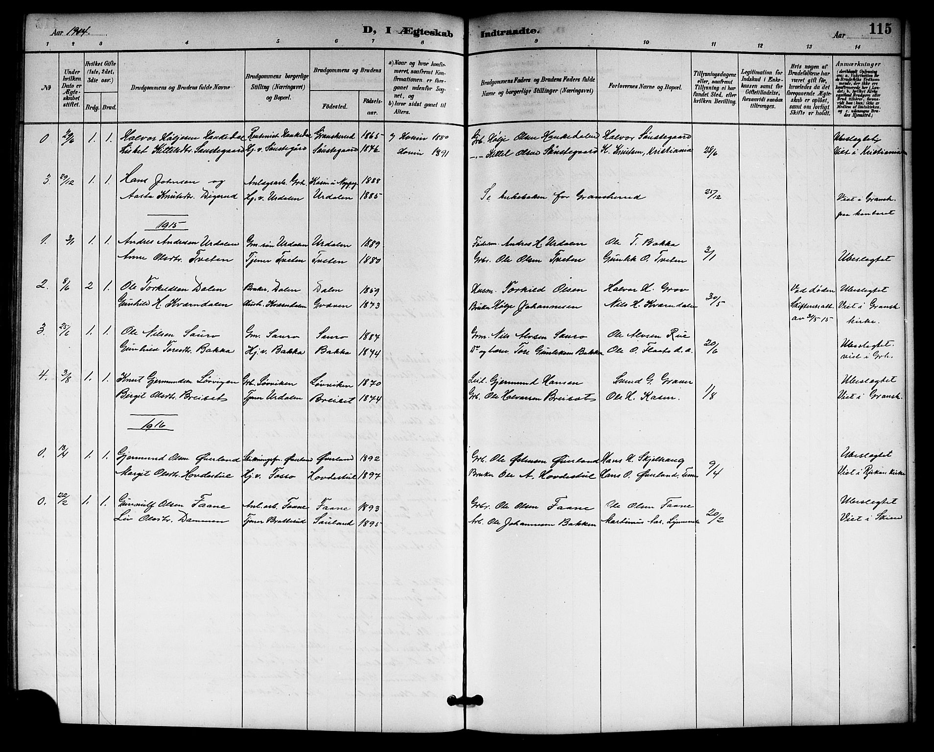 Gransherad kirkebøker, SAKO/A-267/G/Gb/L0003: Parish register (copy) no. II 3, 1887-1921, p. 115