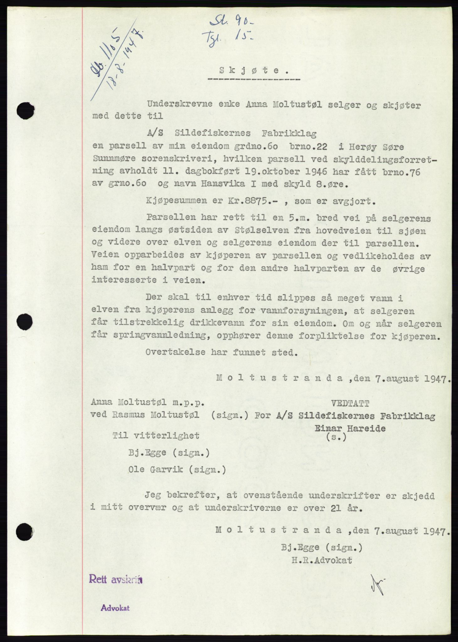 Søre Sunnmøre sorenskriveri, SAT/A-4122/1/2/2C/L0081: Mortgage book no. 7A, 1947-1948, Diary no: : 1105/1947