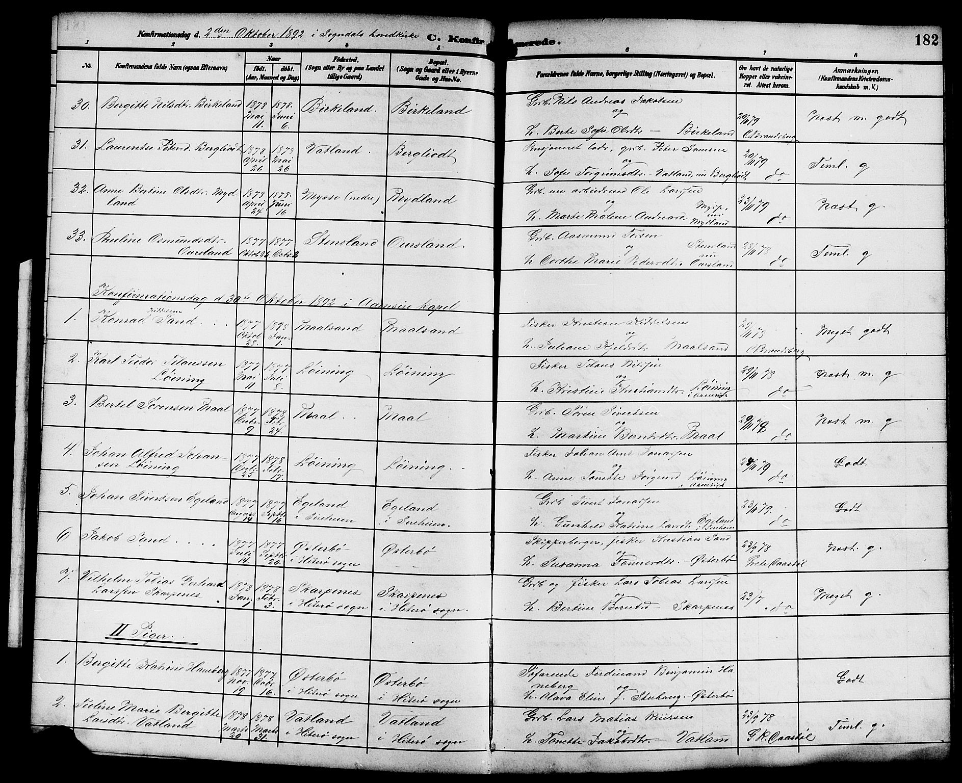 Sokndal sokneprestkontor, AV/SAST-A-101808: Parish register (copy) no. B 6, 1892-1907, p. 182