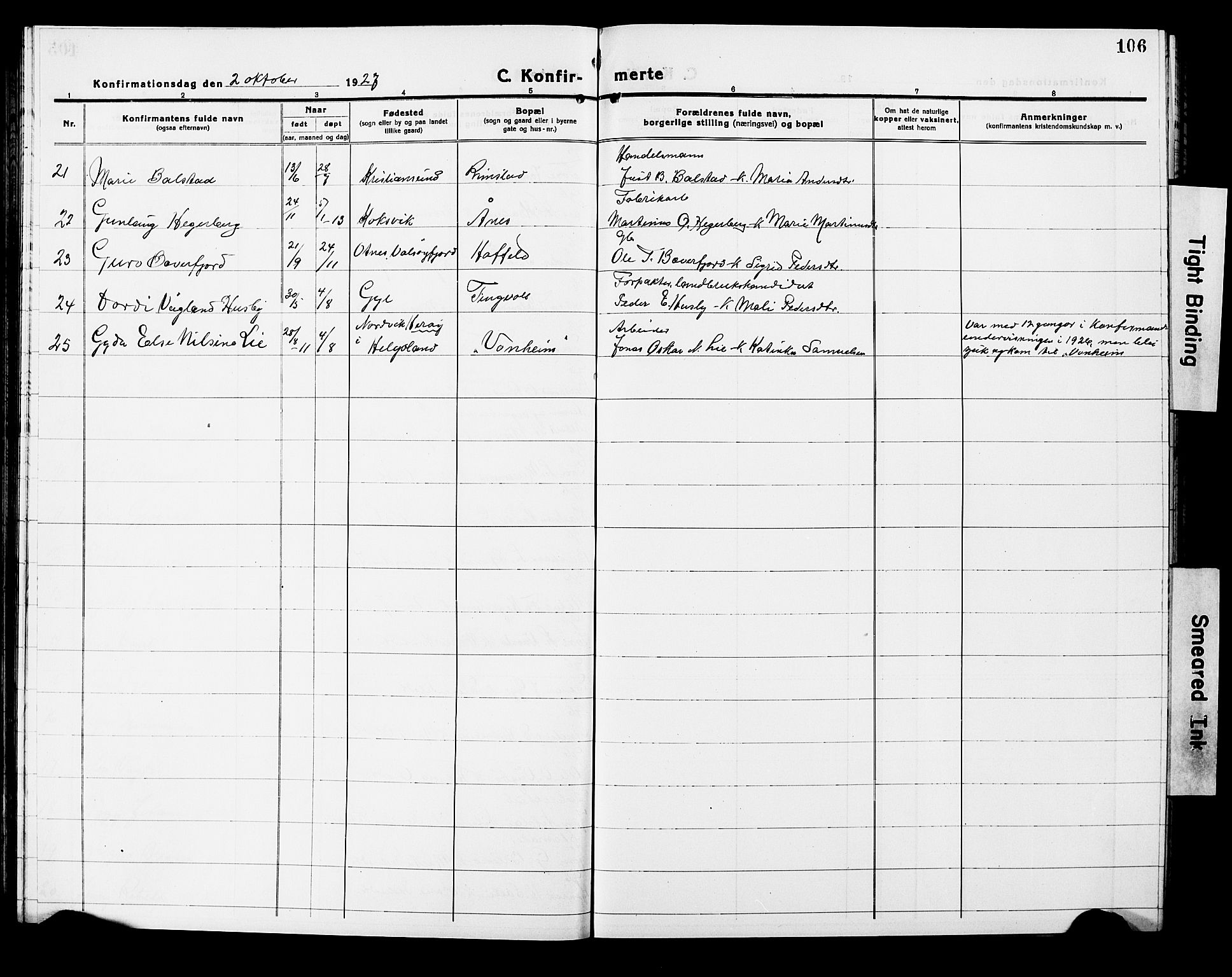 Ministerialprotokoller, klokkerbøker og fødselsregistre - Møre og Romsdal, AV/SAT-A-1454/586/L0994: Parish register (copy) no. 586C05, 1919-1927, p. 106