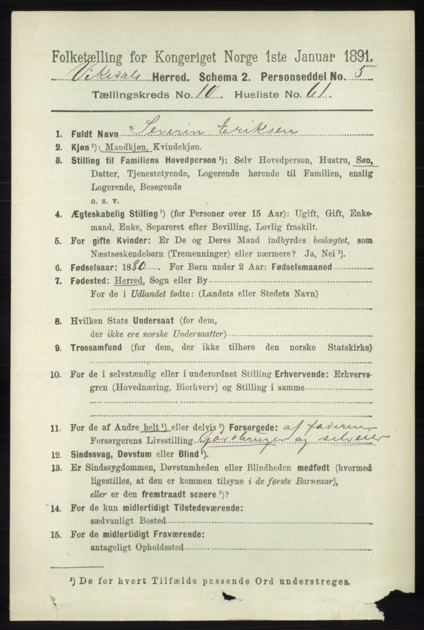 RA, 1891 census for 1157 Vikedal, 1891, p. 2839